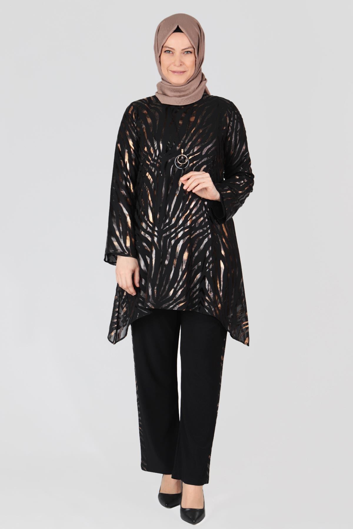 60006-E Büyük Beden Tesettür Abiye Takım Gold 