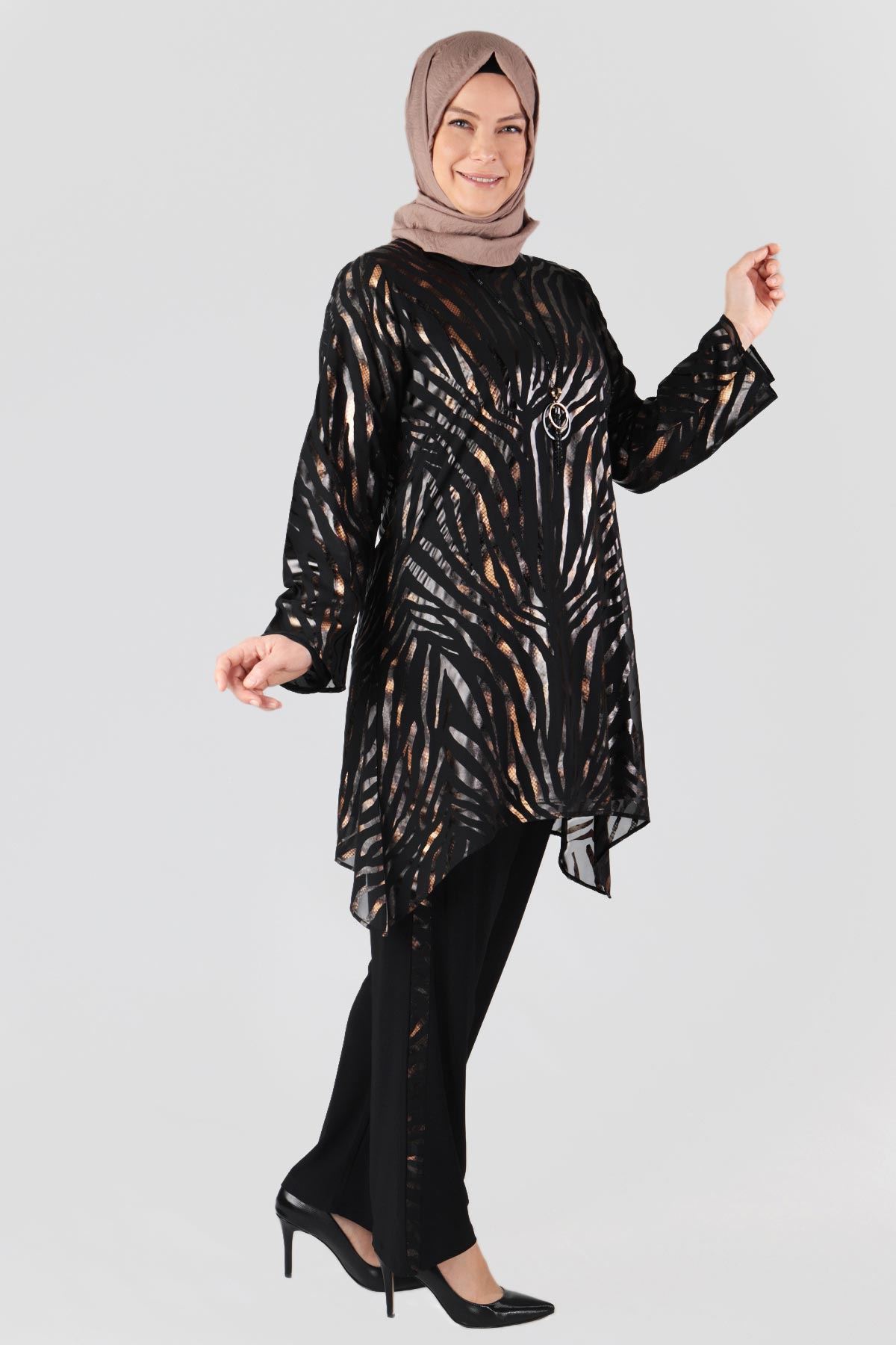 60006-E Büyük Beden Tesettür Abiye Takım Gold 