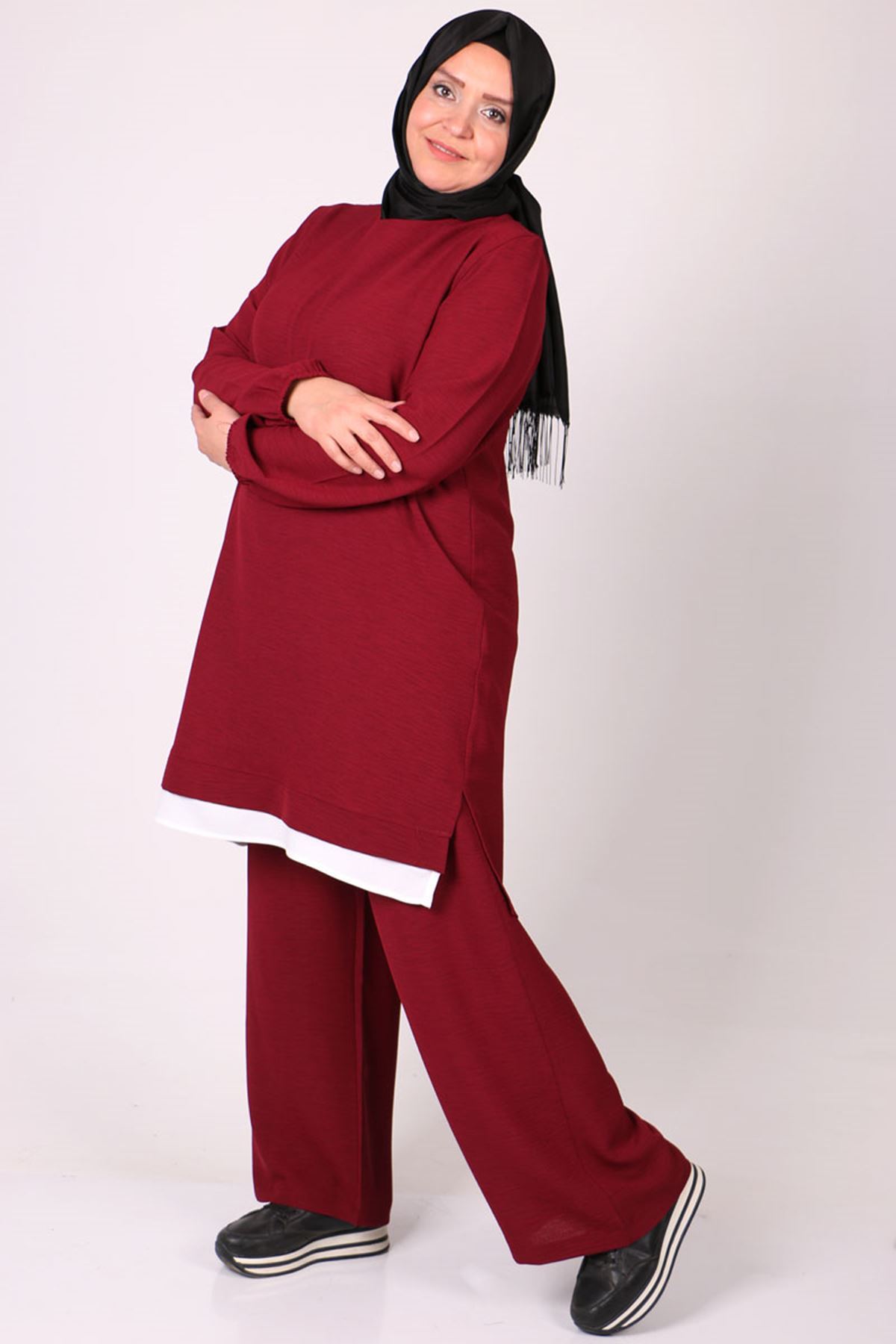27030-E Büyük Beden Moskino Pantolonlu Takım-Bordo 