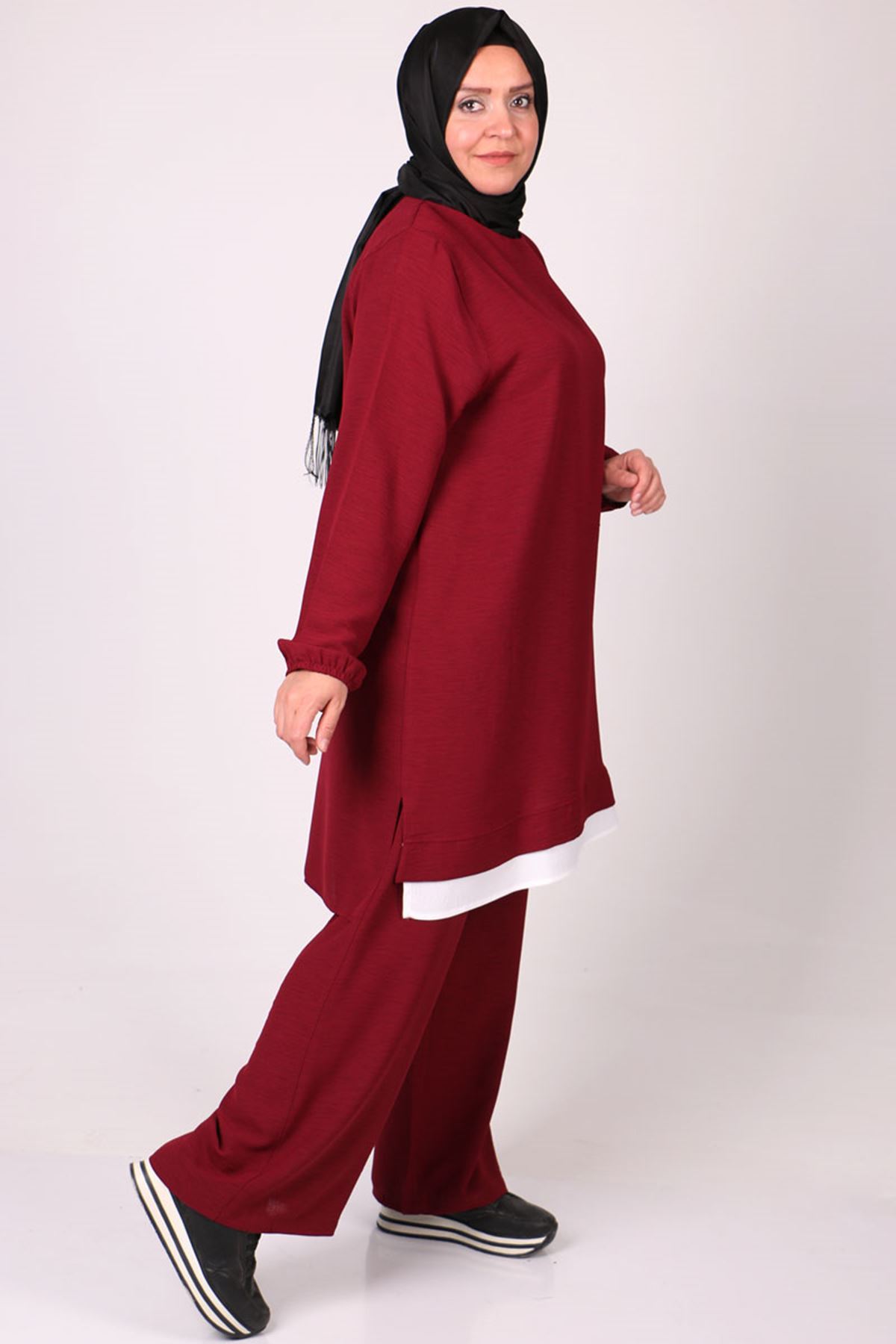 27030-E Büyük Beden Moskino Pantolonlu Takım-Bordo 