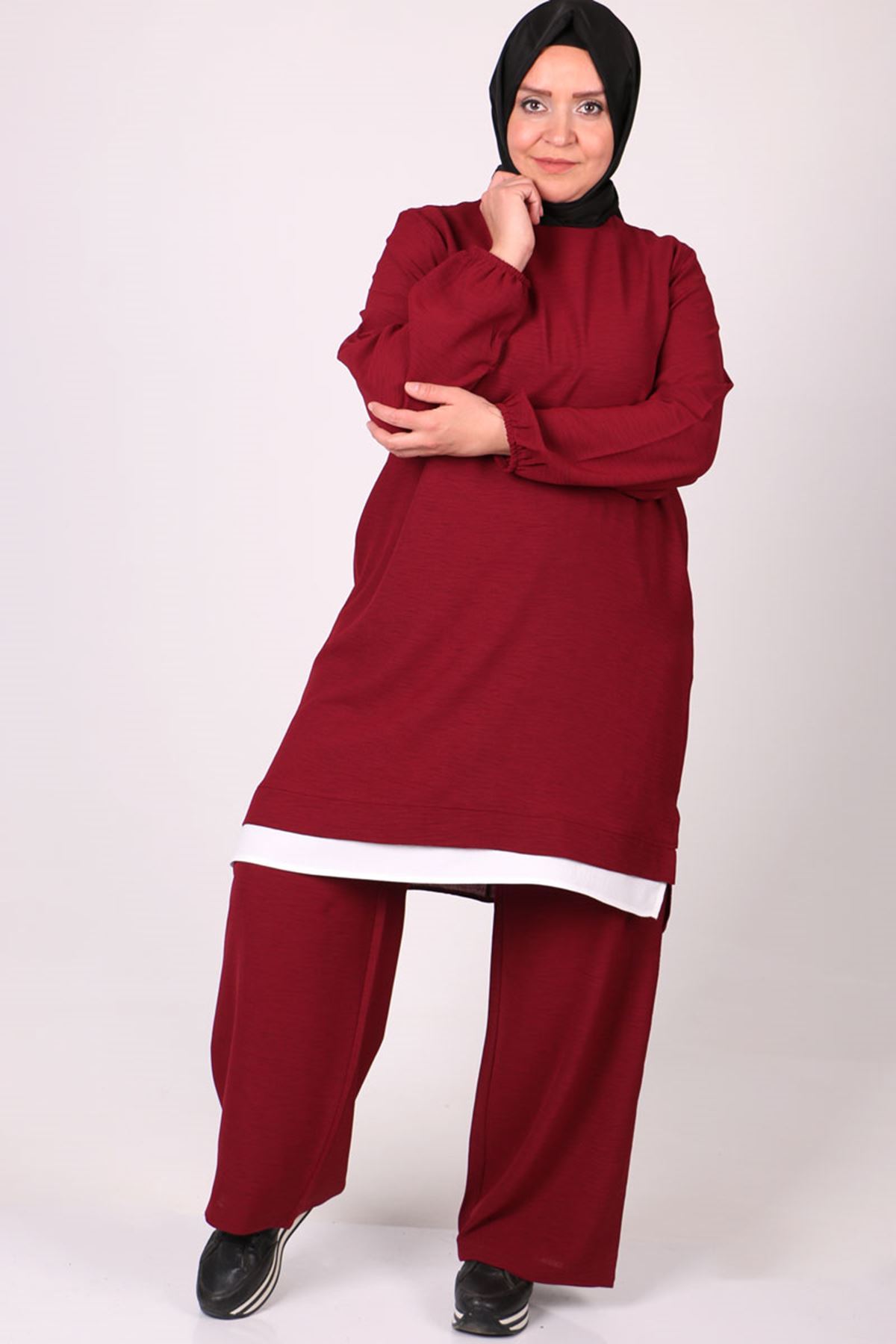 27030-E Büyük Beden Moskino Pantolonlu Takım-Bordo 