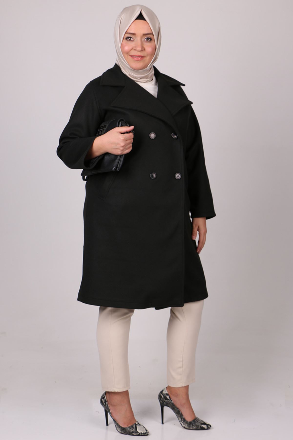 23060-E Büyük Beden Blazer Kaşe Kaban-Siyah  