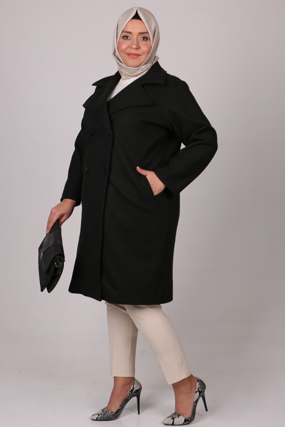 23060-E Büyük Beden Blazer Kaşe Kaban-Siyah  