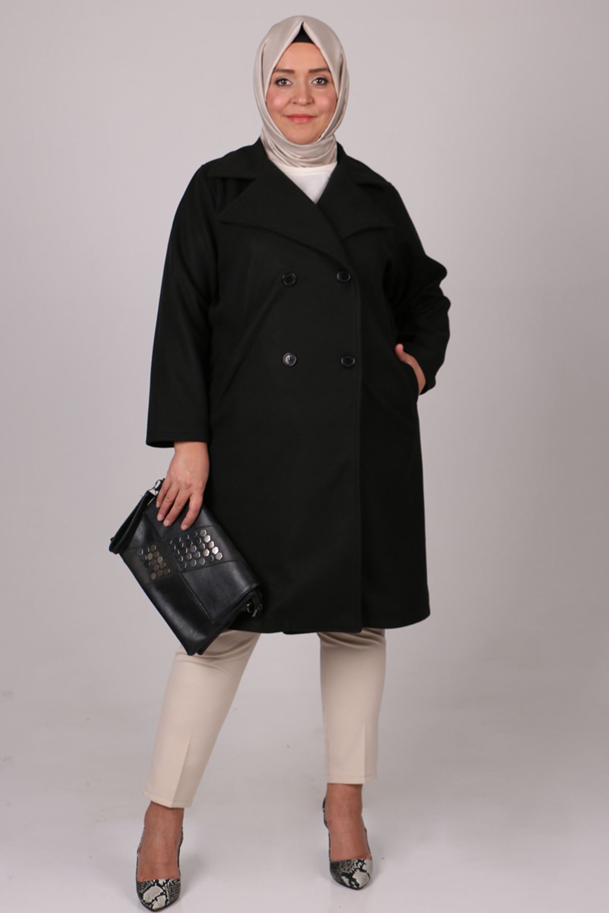 23060-E Büyük Beden Blazer Kaşe Kaban-Siyah  