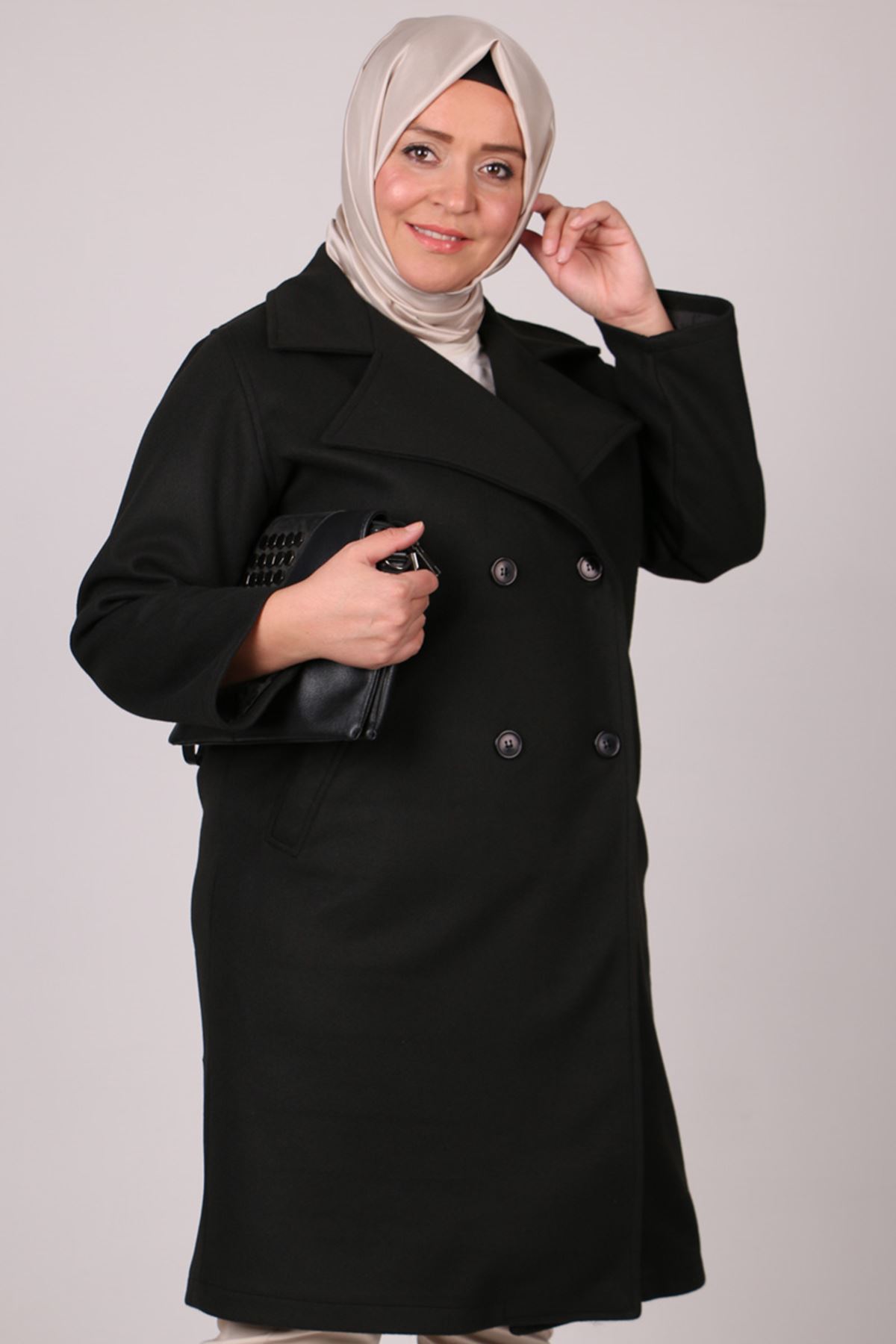 23060-E Büyük Beden Blazer Kaşe Kaban-Siyah  