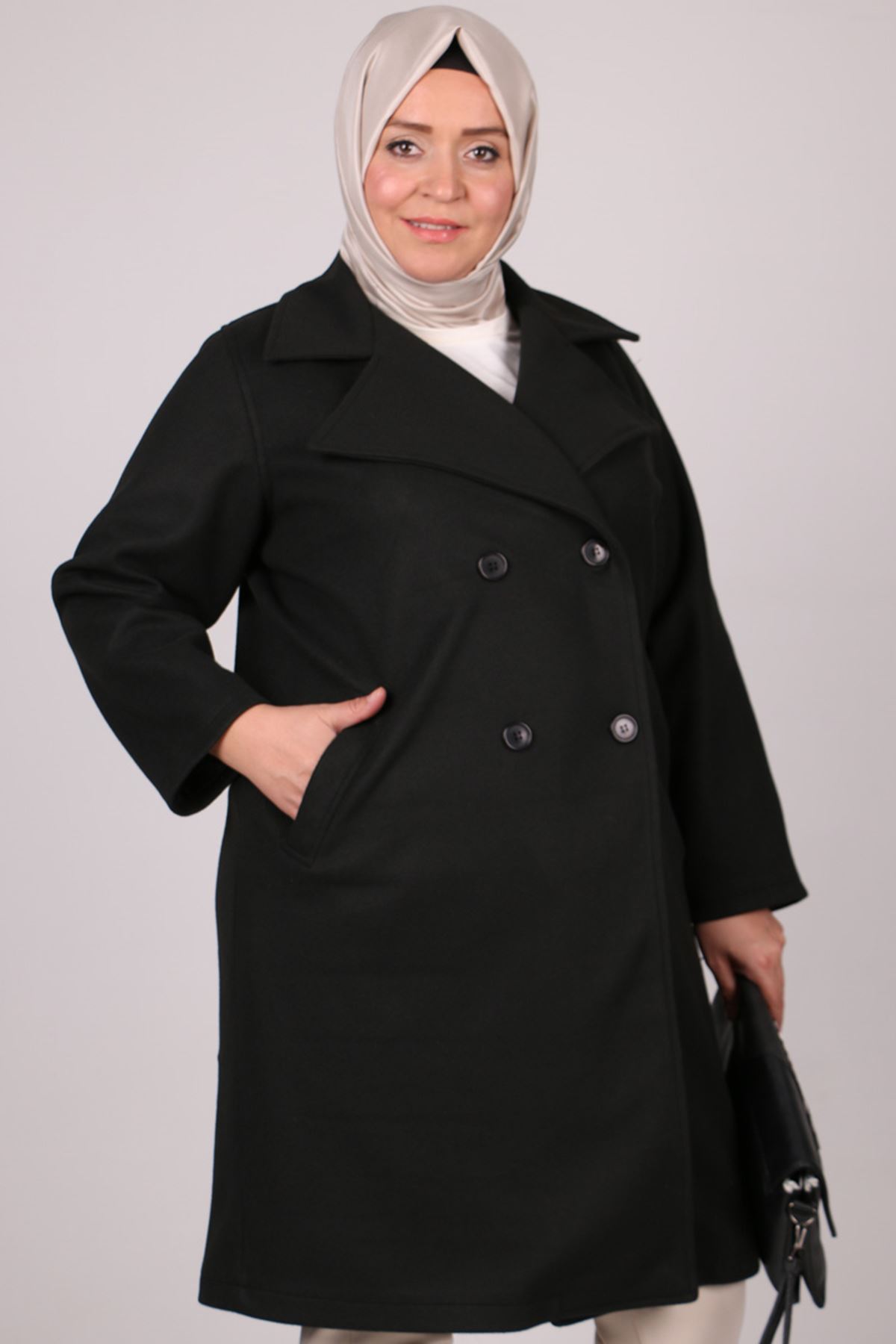 23060-E Büyük Beden Blazer Kaşe Kaban-Siyah  