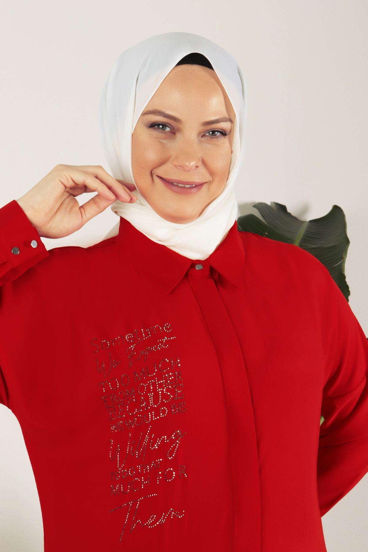 23017-E Büyük Beden Tesettür Taşlı Tunik  Kırmızı