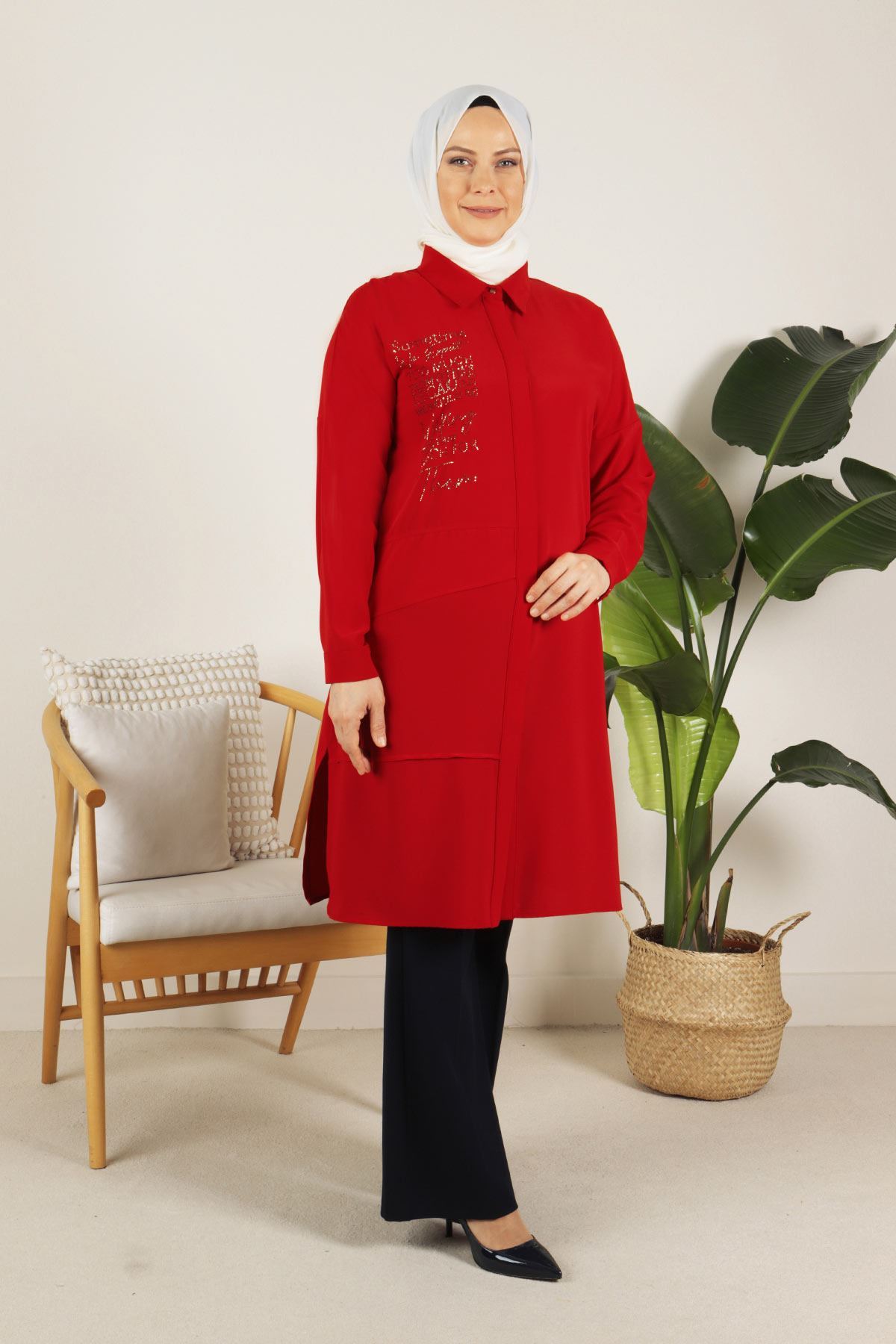 23017-E Büyük Beden Tesettür Taşlı Tunik  Kırmızı