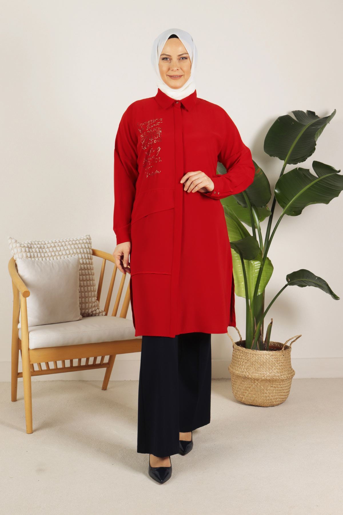 23017-E Büyük Beden Tesettür Taşlı Tunik  Kırmızı