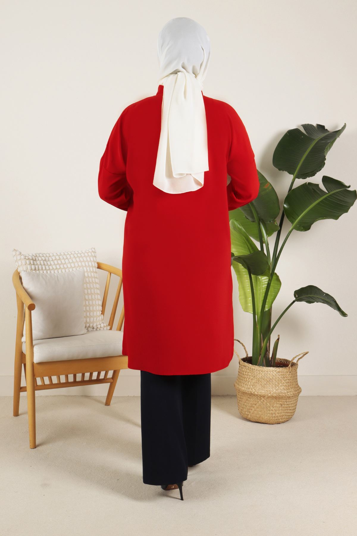 23017-E Büyük Beden Tesettür Taşlı Tunik  Kırmızı