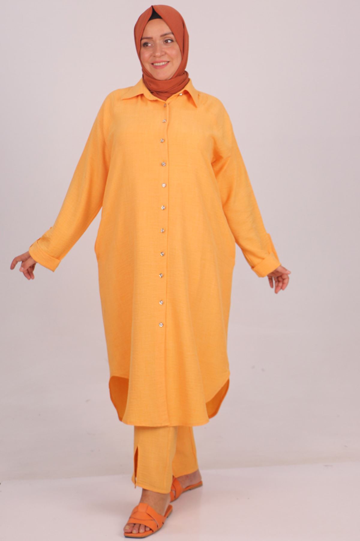 37038 Büyük Beden Keten Airobin Düğme Detaylı  Pantolonlu Takım -Hardal