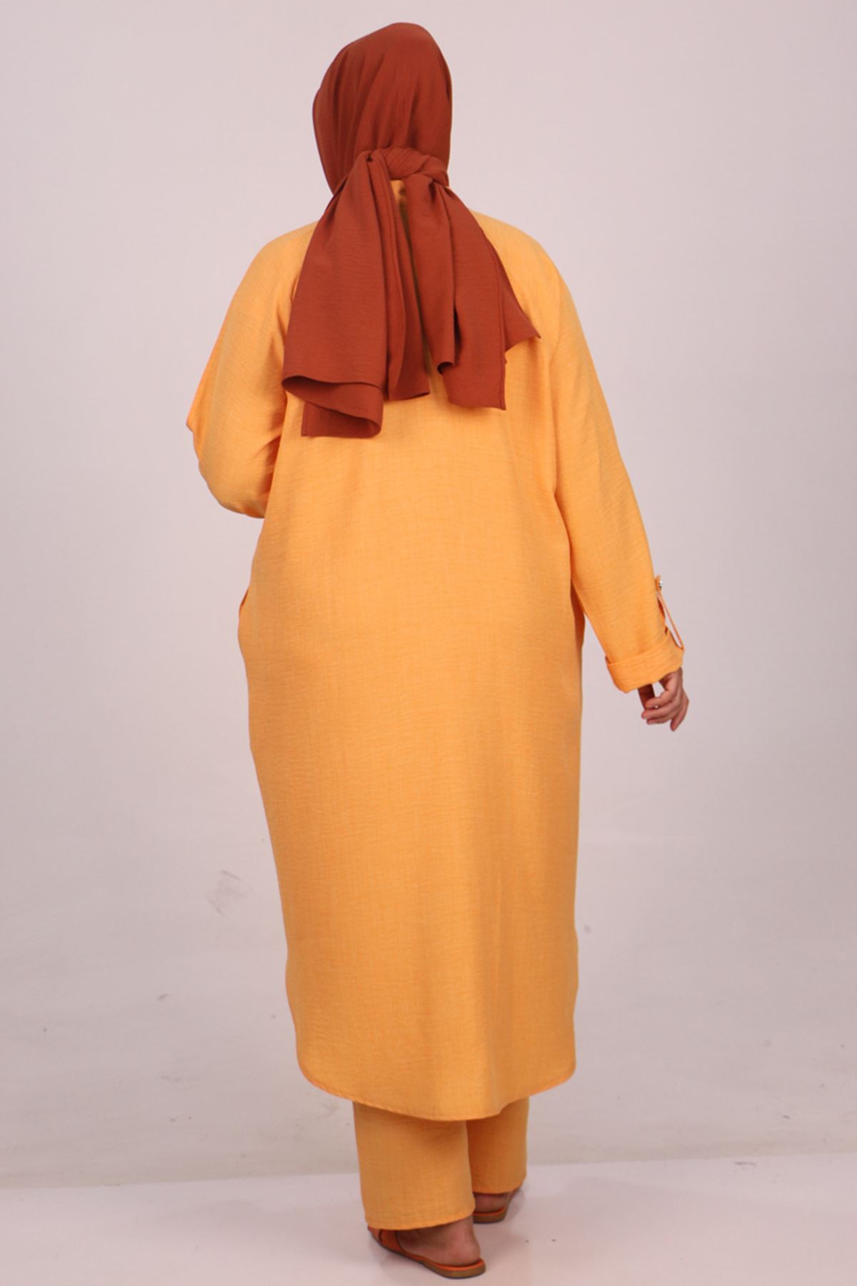 37038 Büyük Beden Keten Airobin Düğme Detaylı  Pantolonlu Takım -Hardal