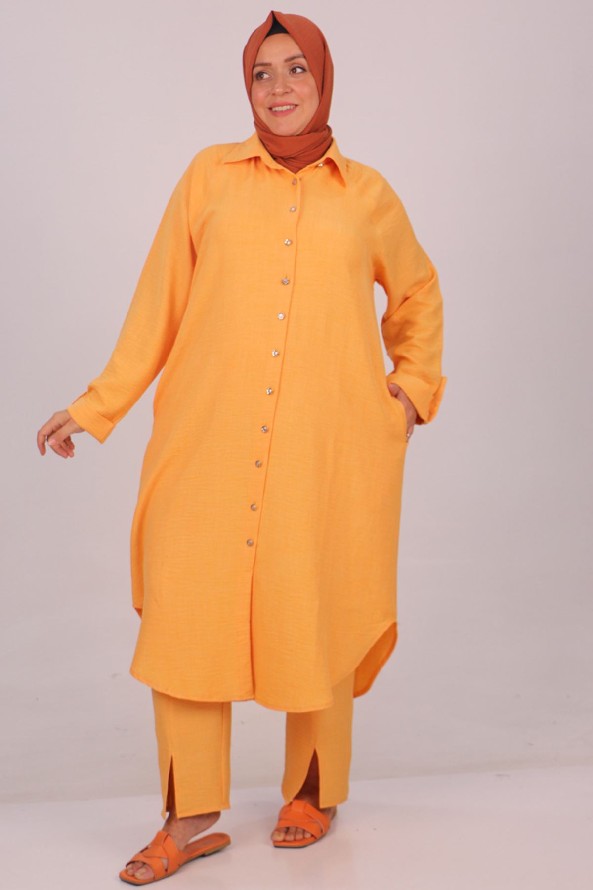 37038 Büyük Beden Keten Airobin Düğme Detaylı  Pantolonlu Takım -Hardal