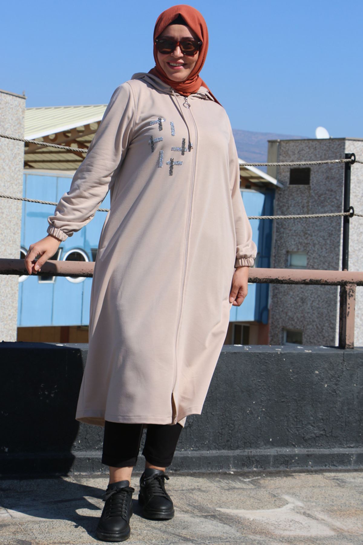 33044 Büyük Beden Taş Baskılı İki İplik Kap-Bej