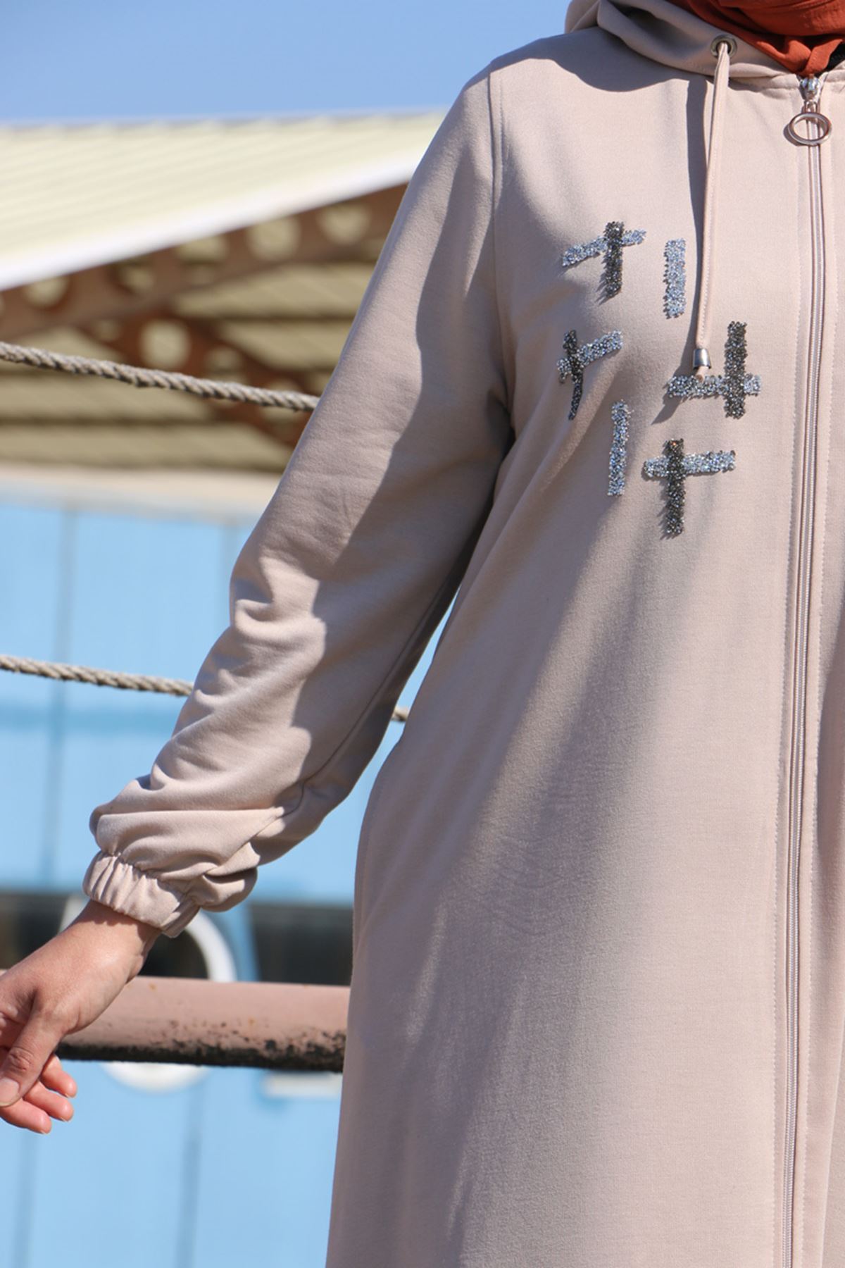 33044 Büyük Beden Taş Baskılı İki İplik Kap-Bej