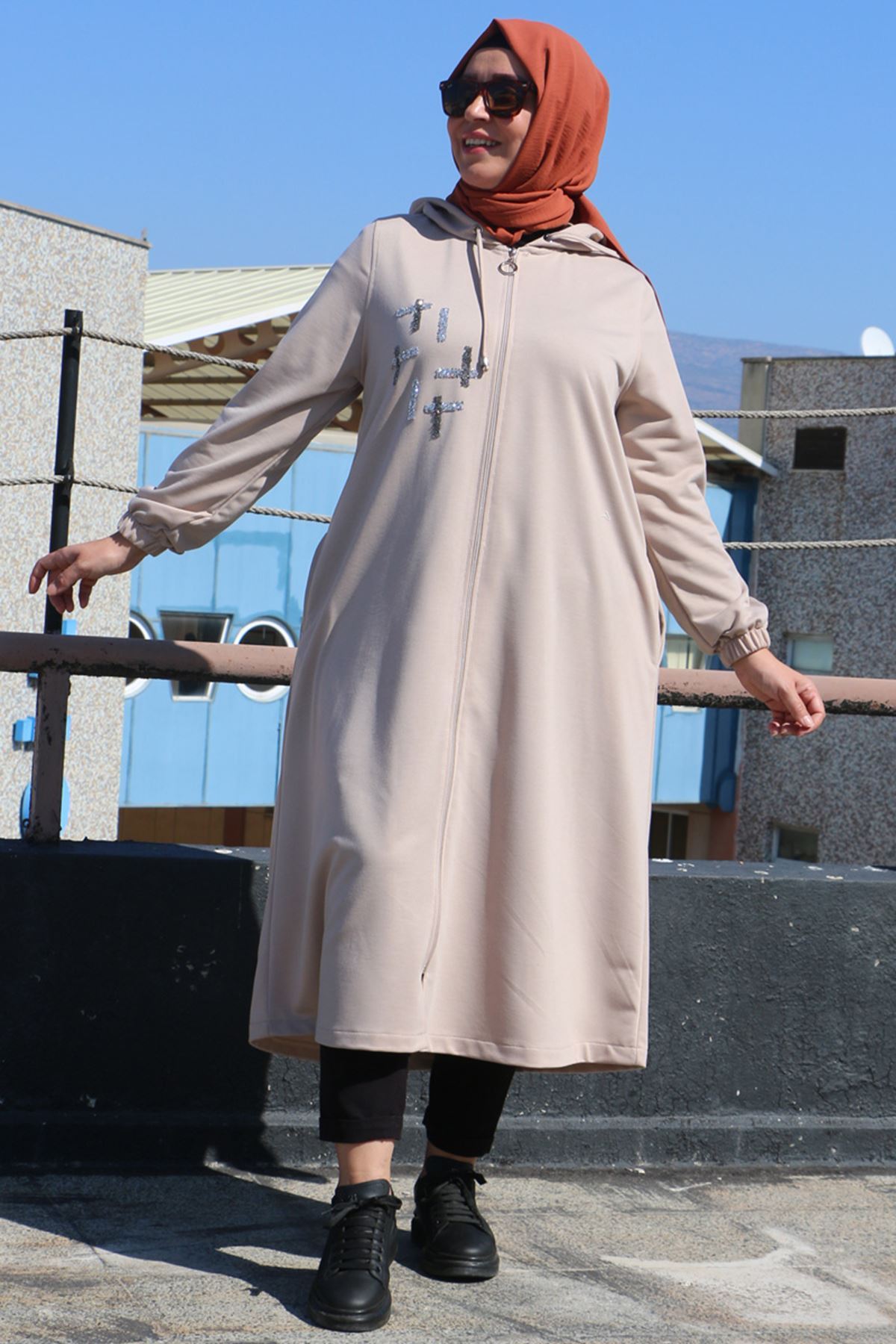 33044 Büyük Beden Taş Baskılı İki İplik Kap-Bej