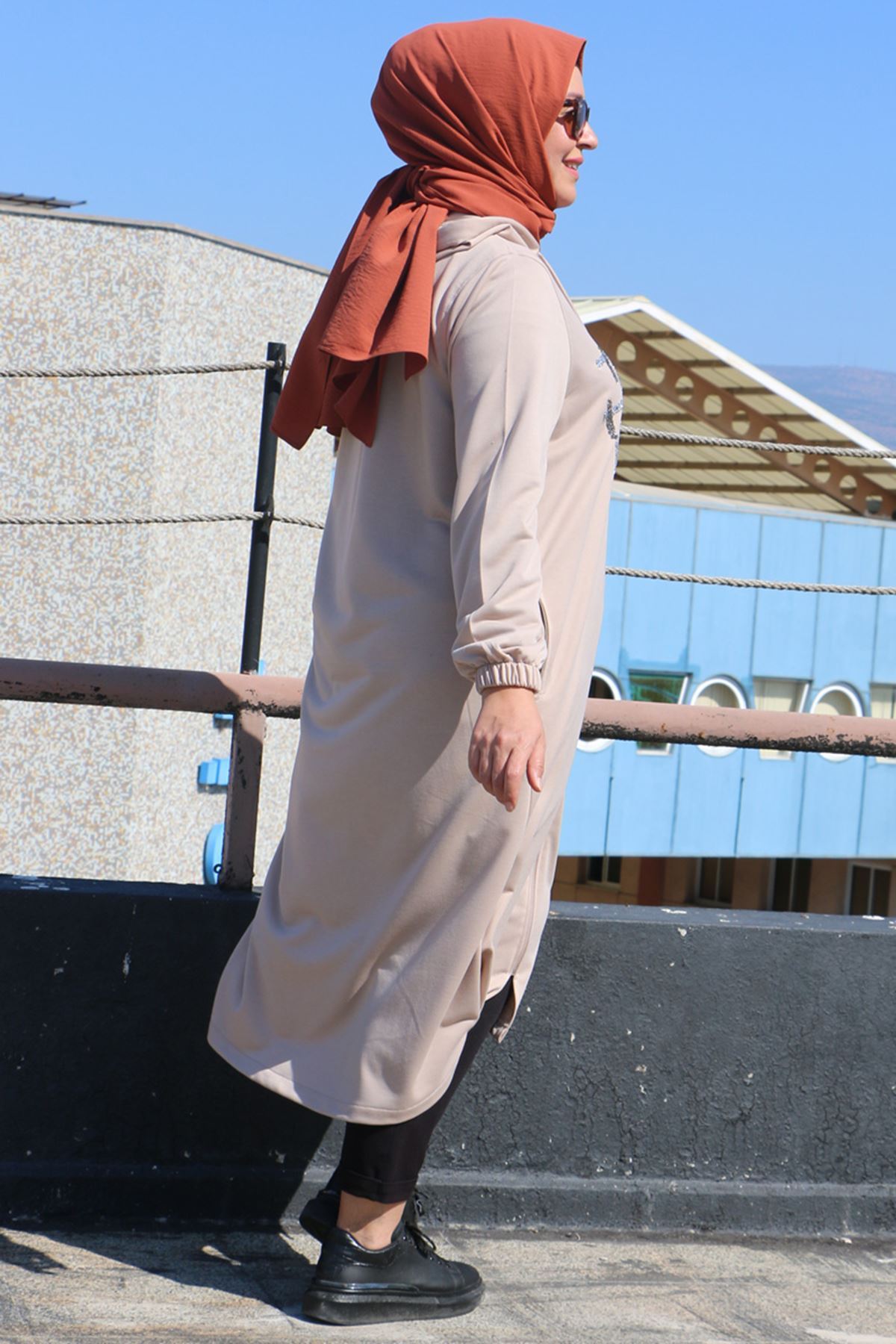 33044 Büyük Beden Taş Baskılı İki İplik Kap-Bej