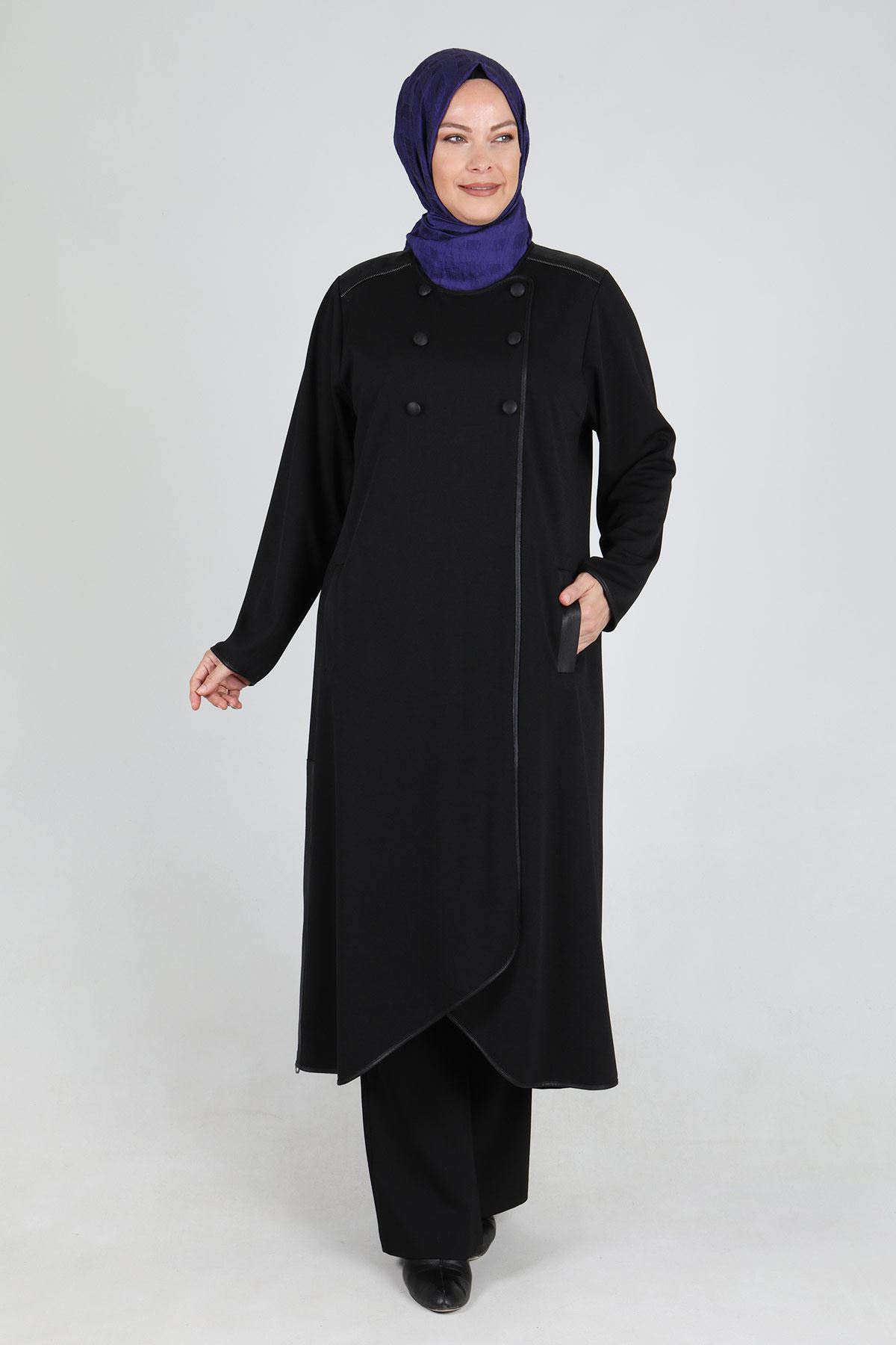 Büyük Beden Tesettür Kruvaze Biyeli Çelik Örme Kap 25082 Siyah