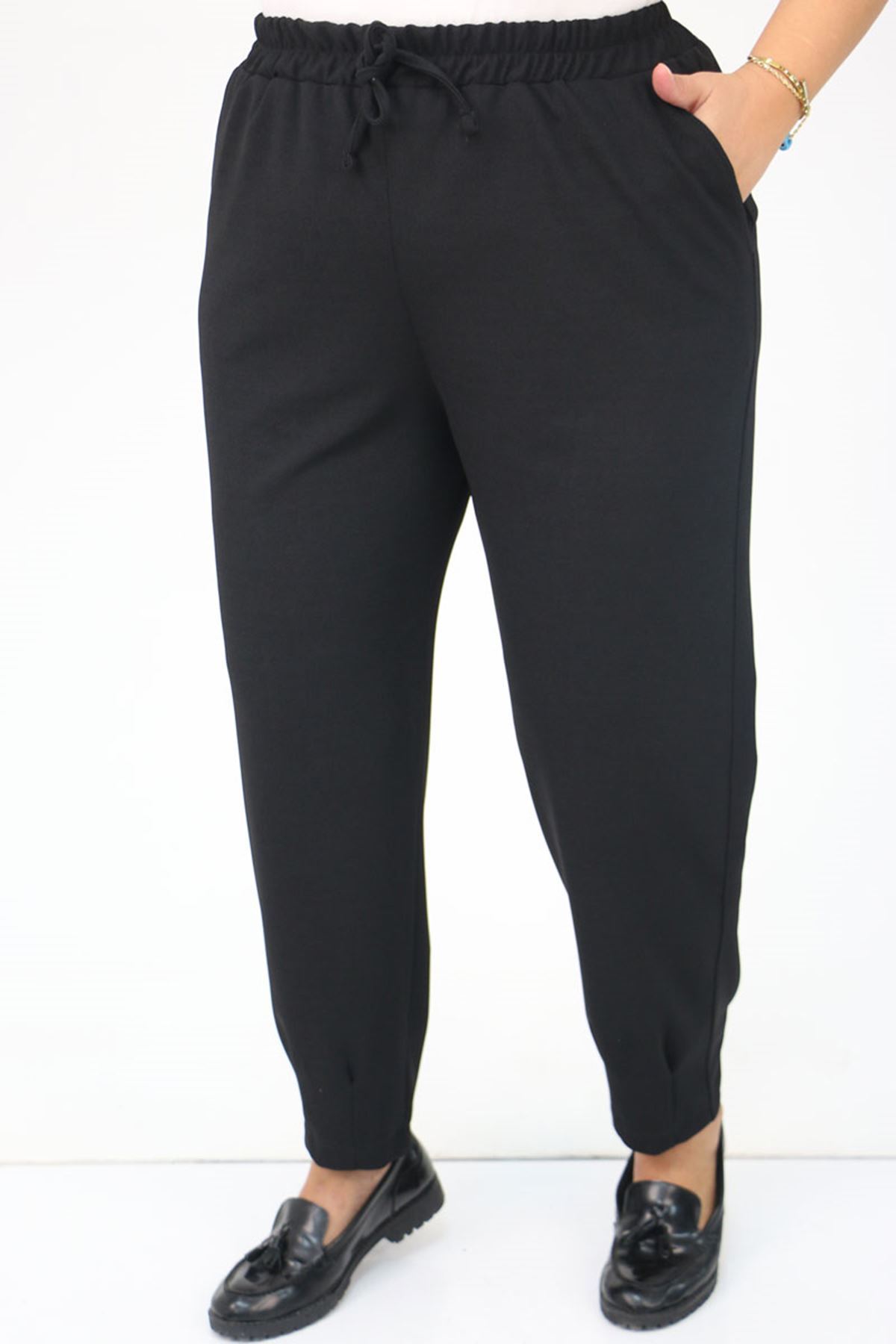 49011-E Büyük Beden Paça Detaylı Scuba Pantolon - Siyah