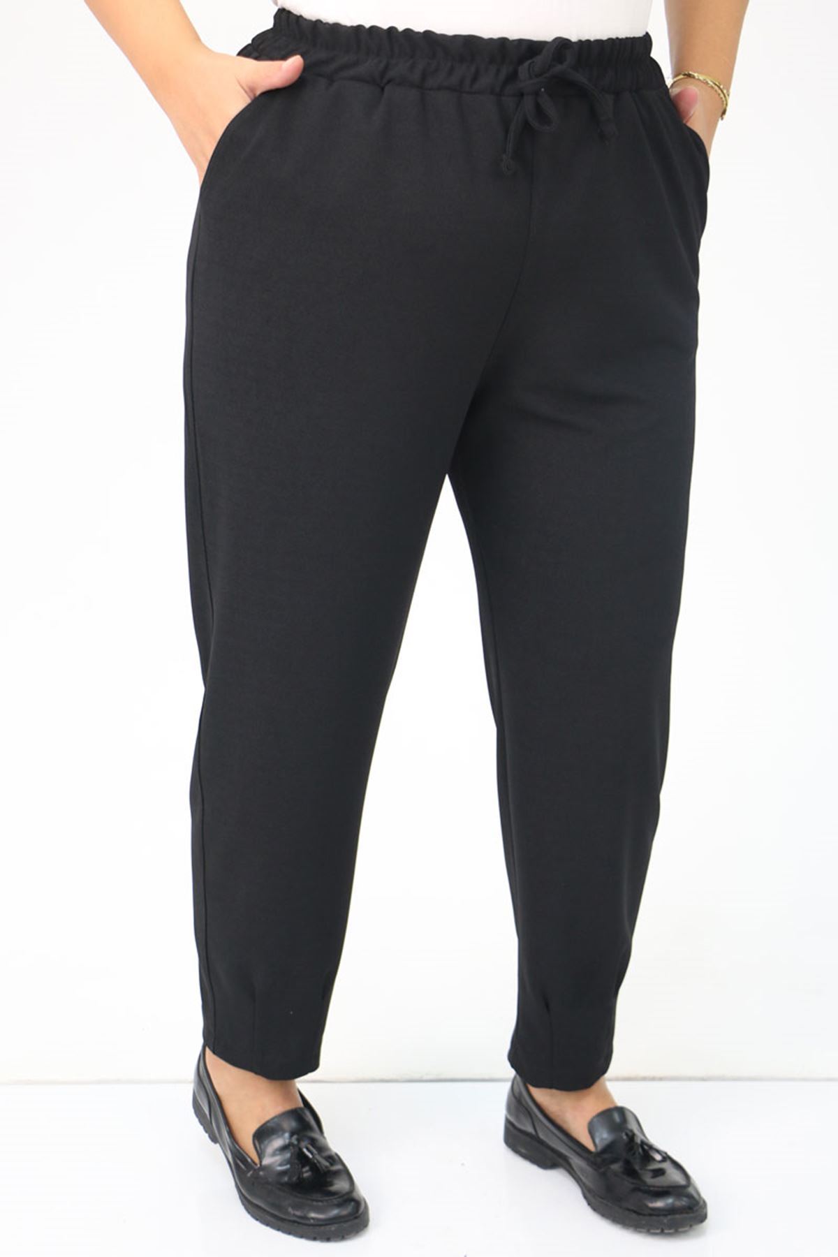 49011-E Büyük Beden Paça Detaylı Scuba Pantolon - Siyah