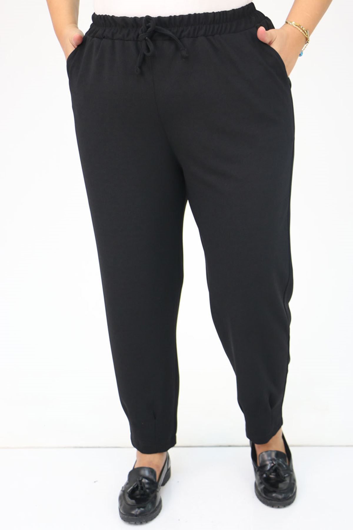 49011-E Büyük Beden Paça Detaylı Scuba Pantolon - Siyah