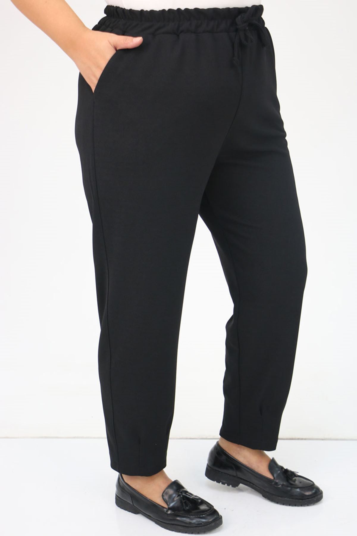 49011-E Büyük Beden Paça Detaylı Scuba Pantolon - Siyah