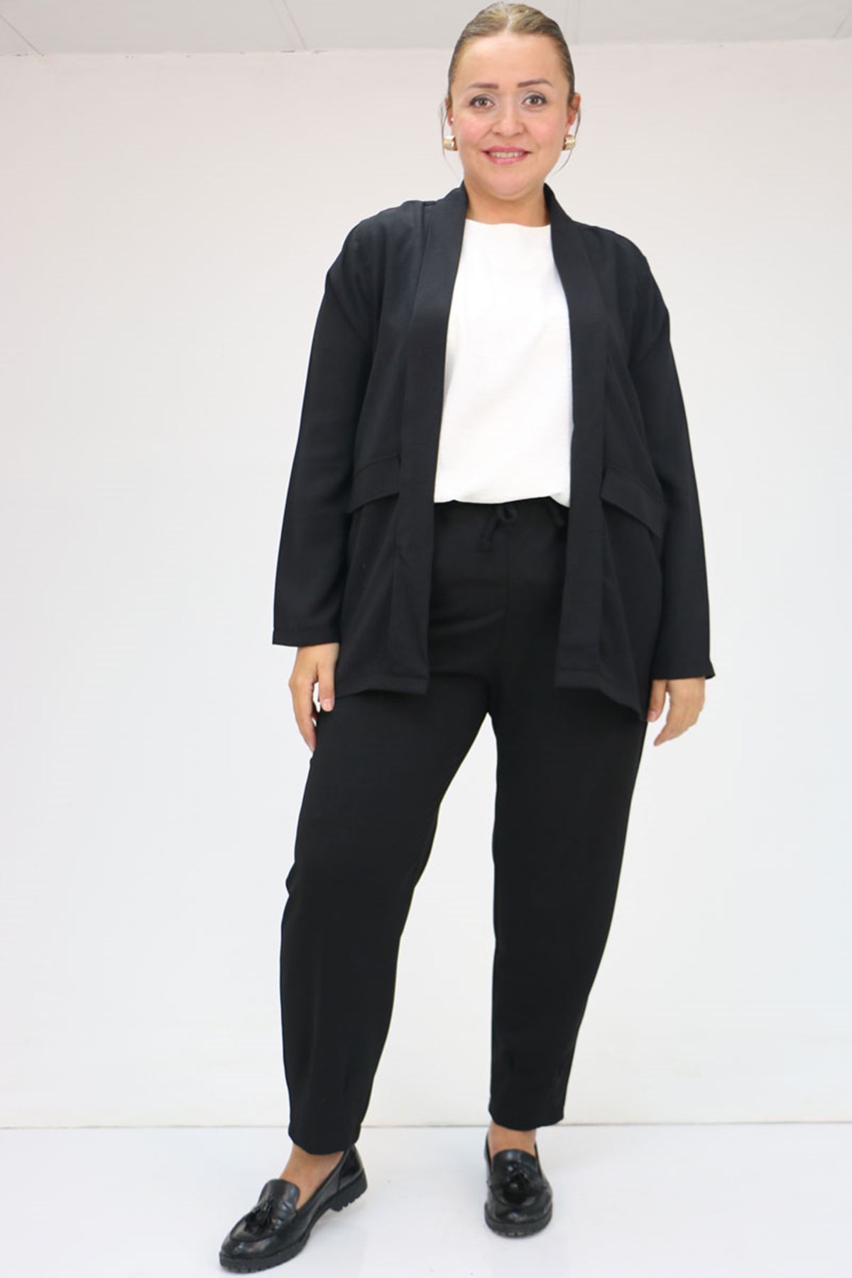 49011-E Büyük Beden Paça Detaylı Scuba Pantolon - Siyah