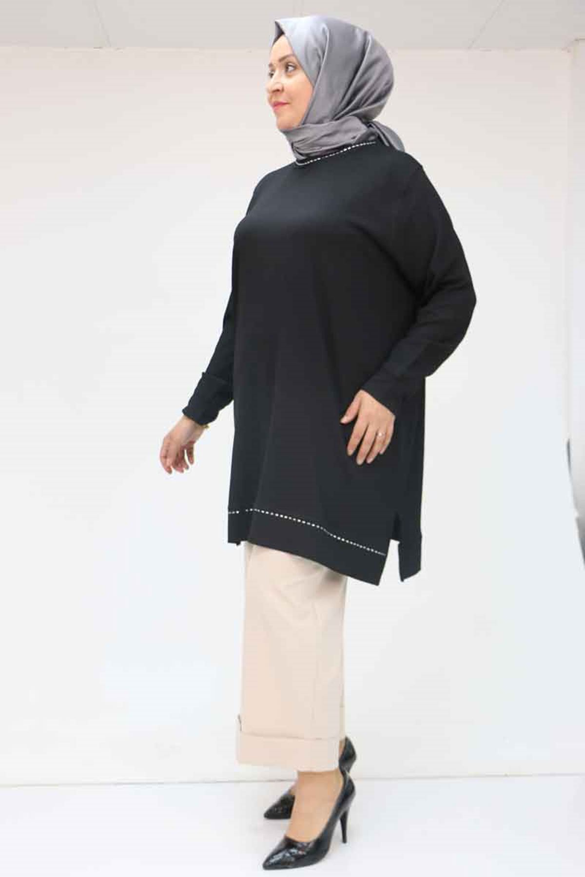 58062 Büyük Beden Bürümcük Manşetli Tunik - Siyah