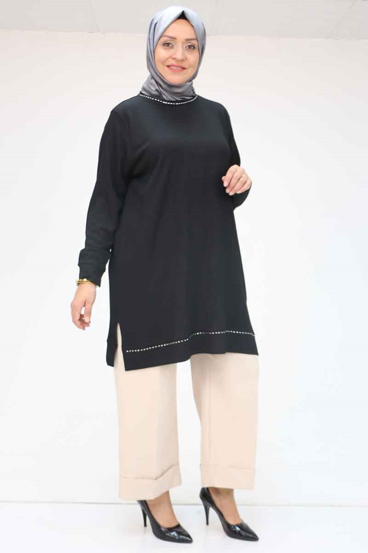 58062 Büyük Beden Bürümcük Manşetli Tunik - Siyah