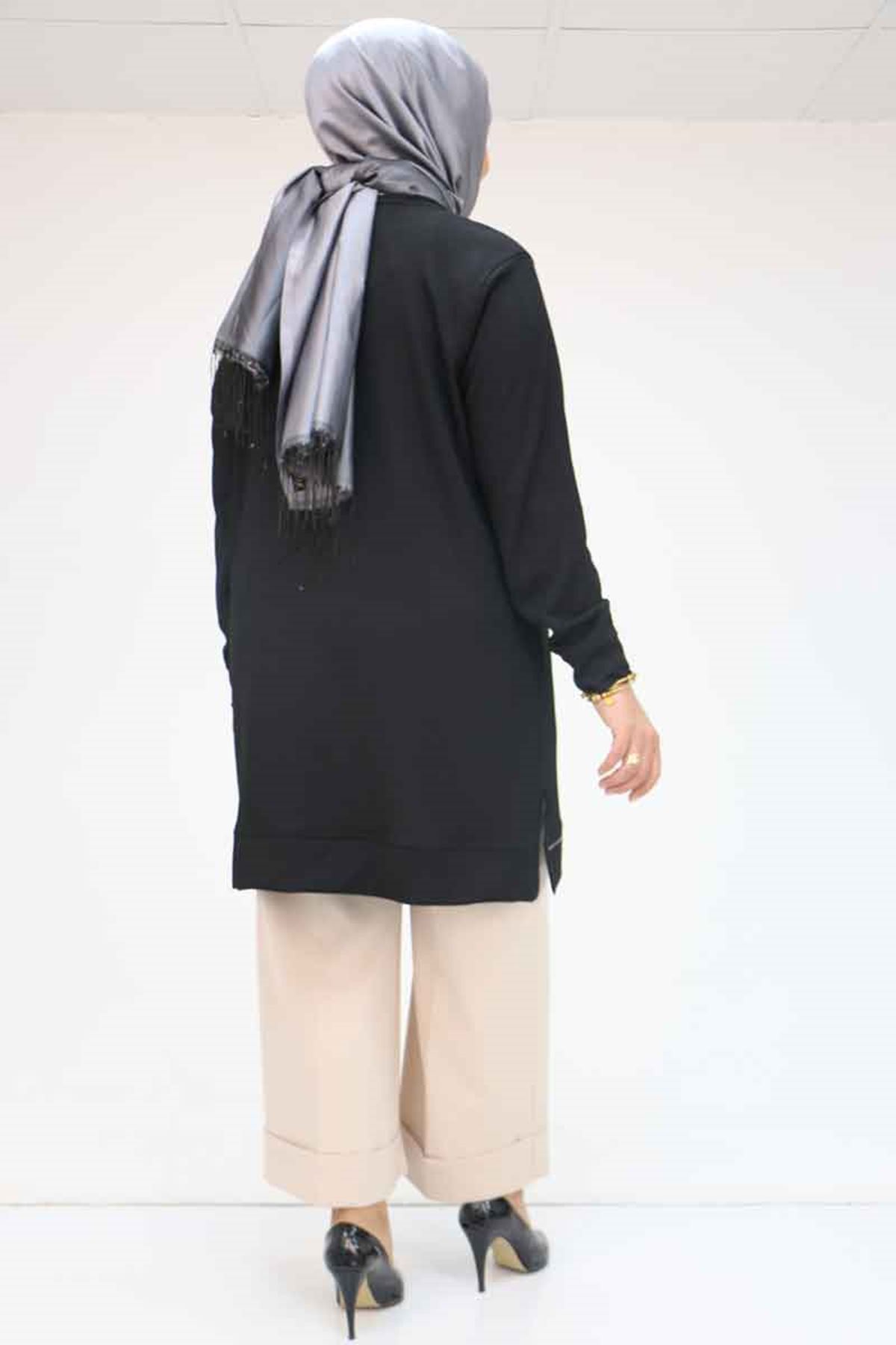 58062 Büyük Beden Bürümcük Manşetli Tunik - Siyah