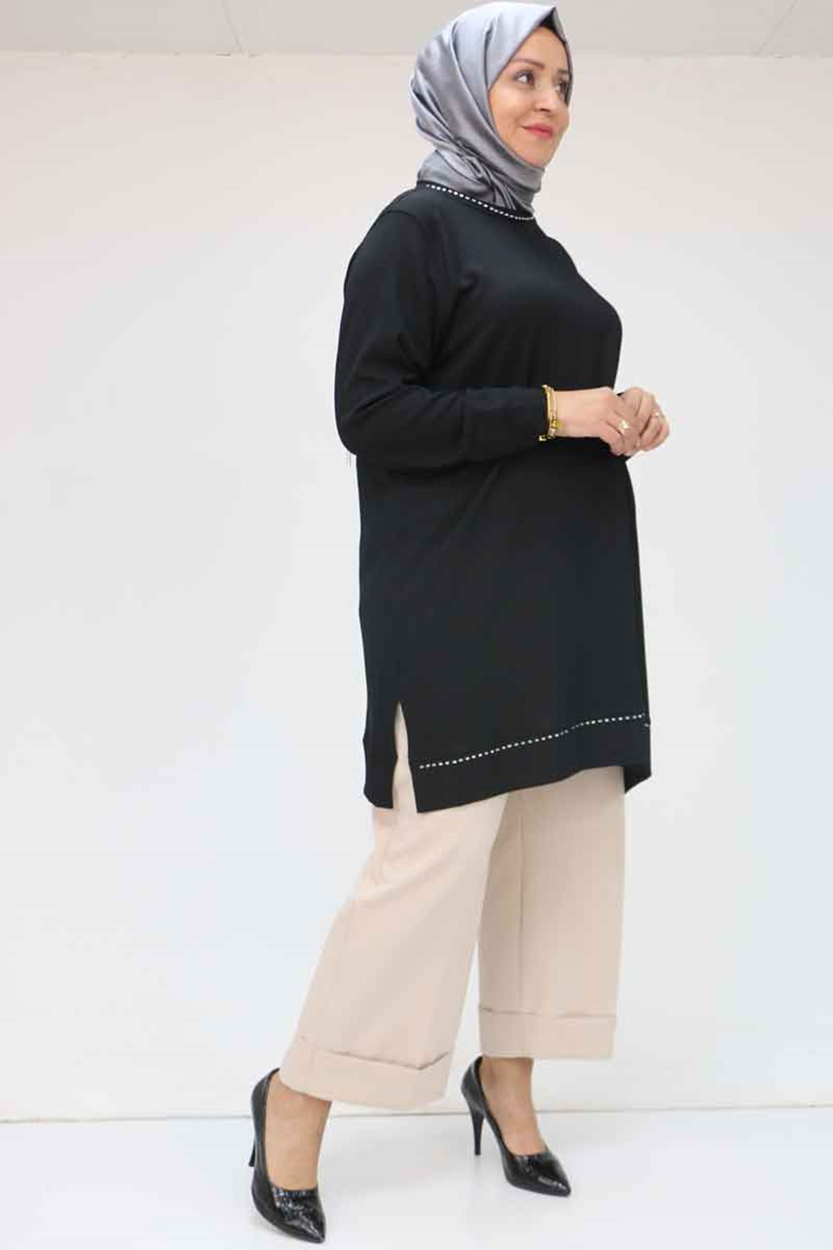 58062 Büyük Beden Bürümcük Manşetli Tunik - Siyah