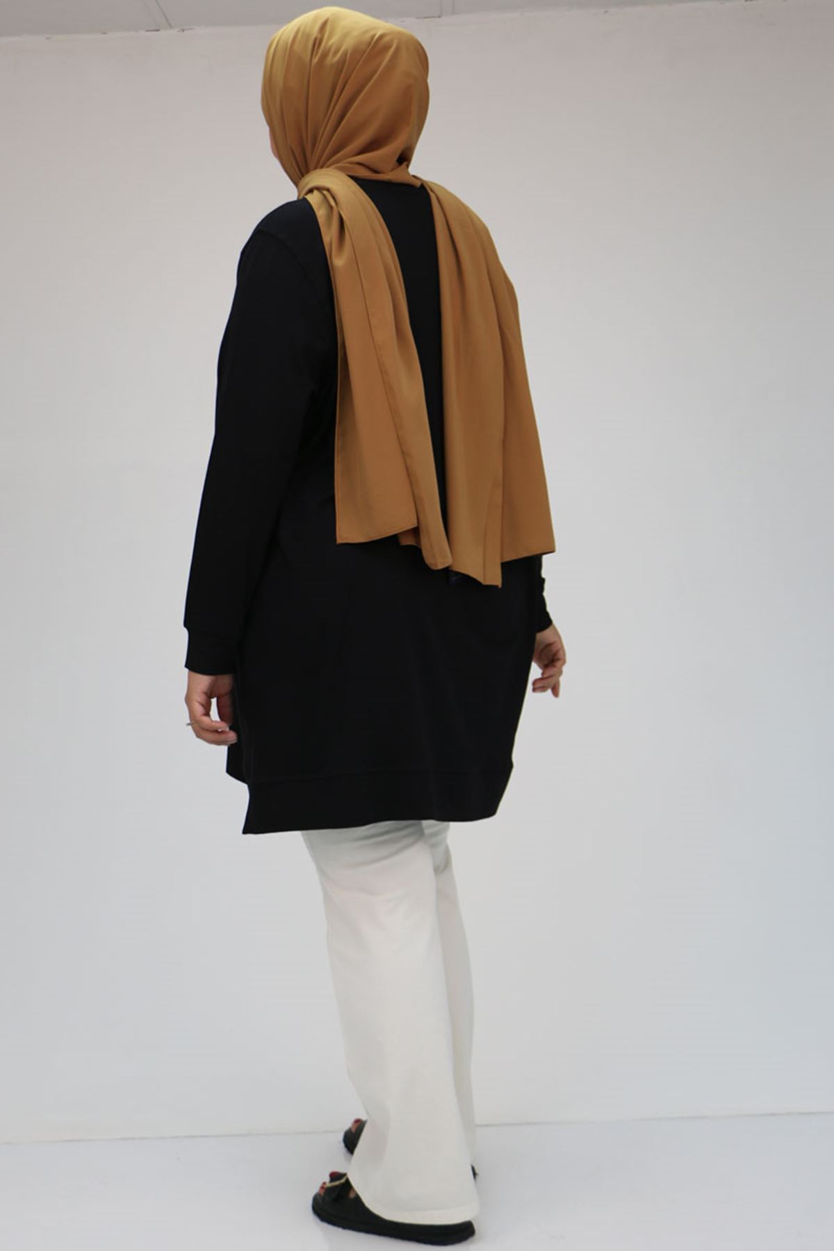 48045 Büyük Beden Manşetli Penye Tunik - Siyah