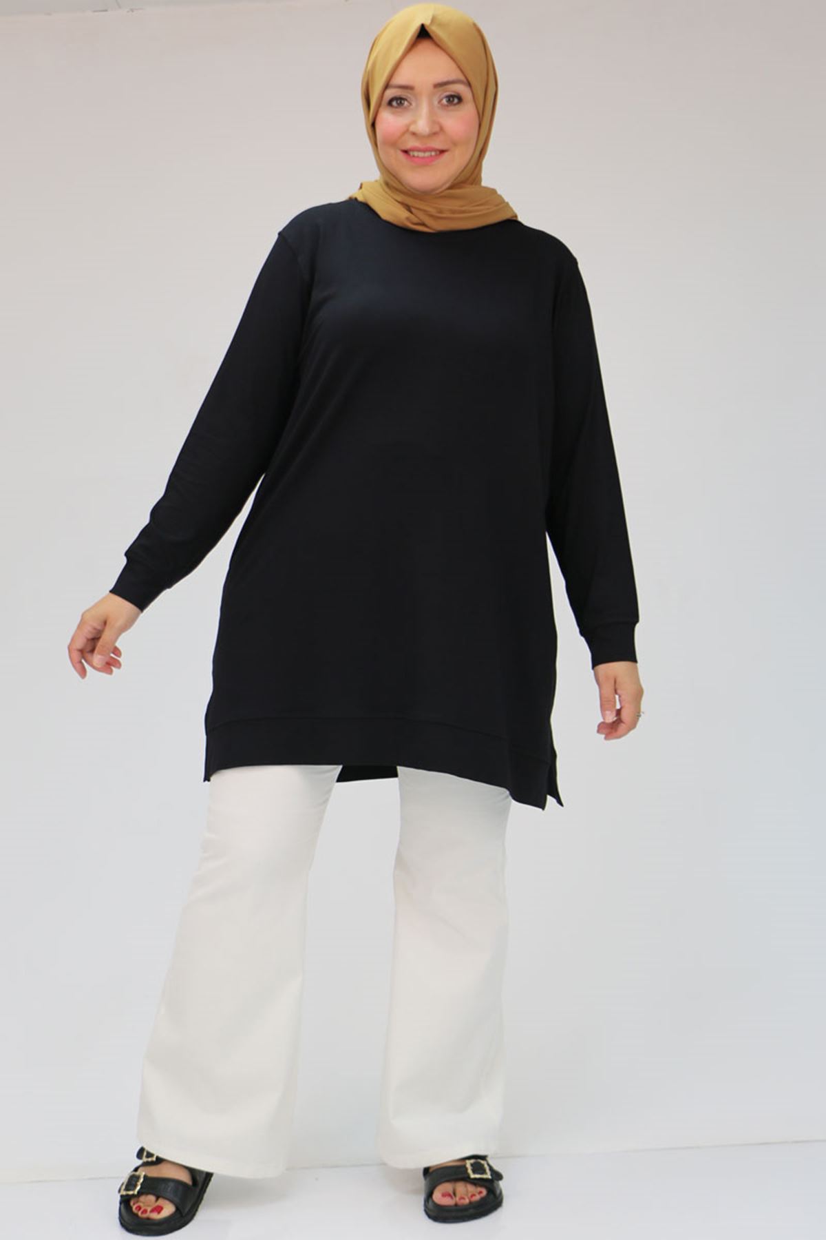 48045 Büyük Beden Manşetli Penye Tunik - Siyah