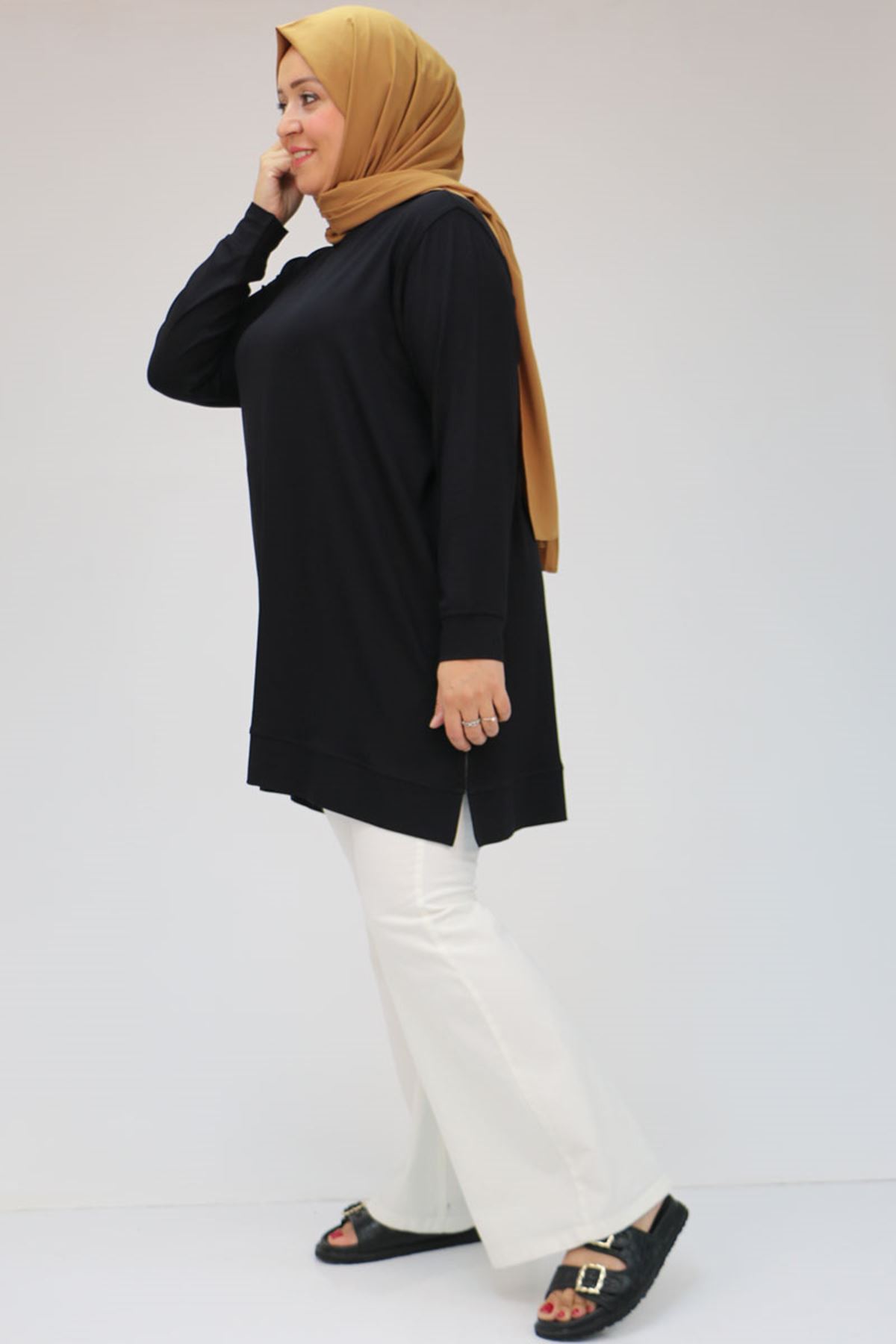 48045 Büyük Beden Manşetli Penye Tunik - Siyah