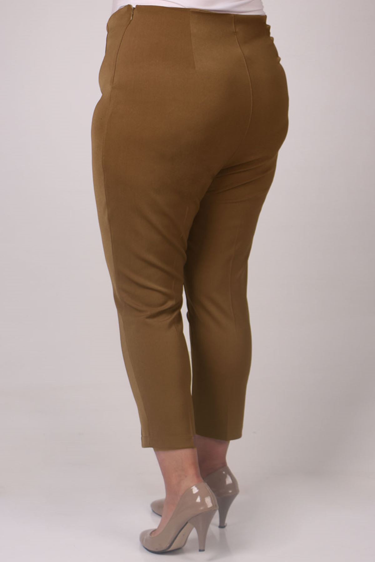 F-29029 Büyük Beden Yandan Fermuarlı Dar Paça Pantolon-Kahve