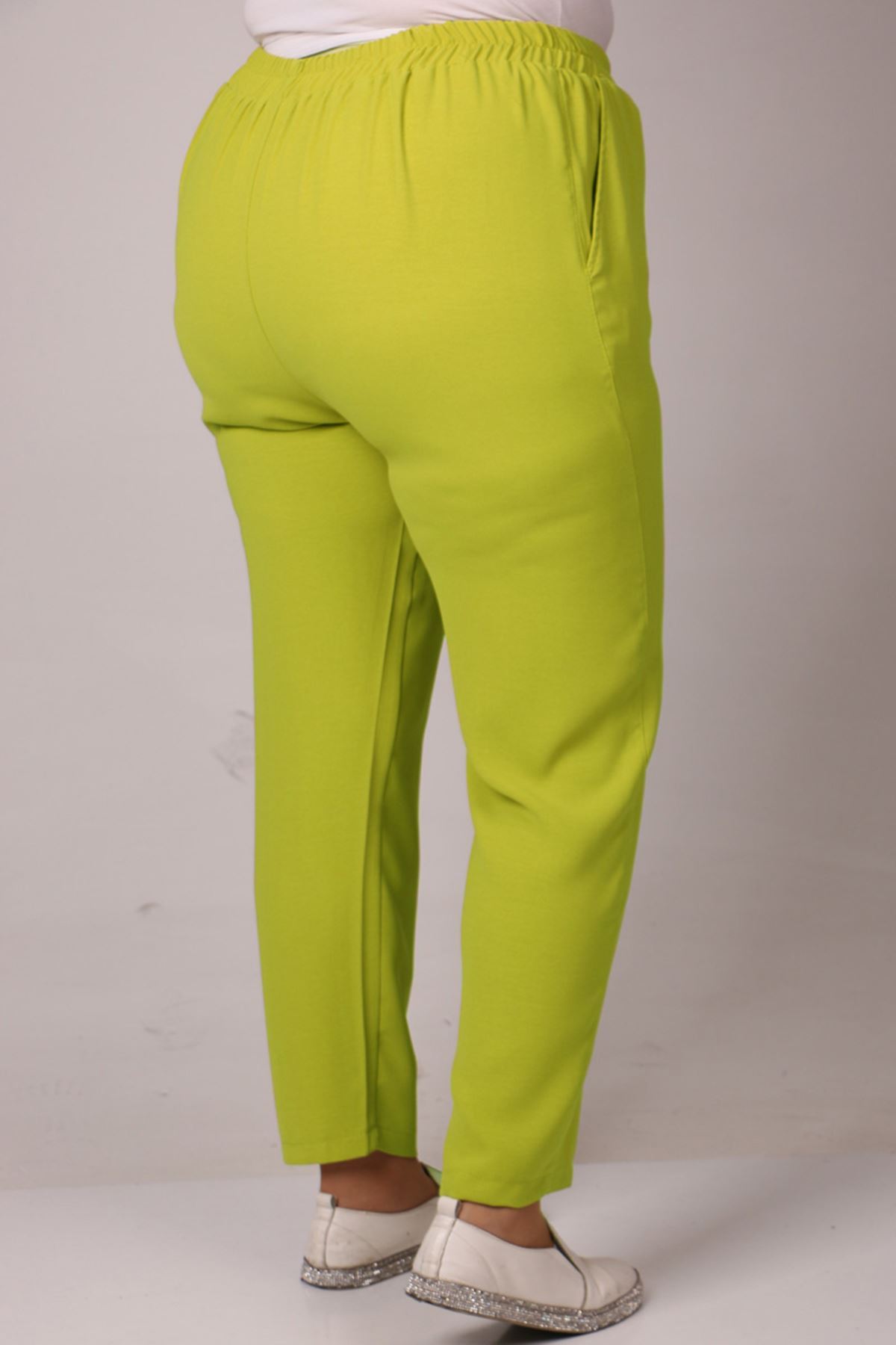 F-39003 Büyük Beden Beli Lastikli Dar Paça Burberry Pantolon-Yağ Yeşili