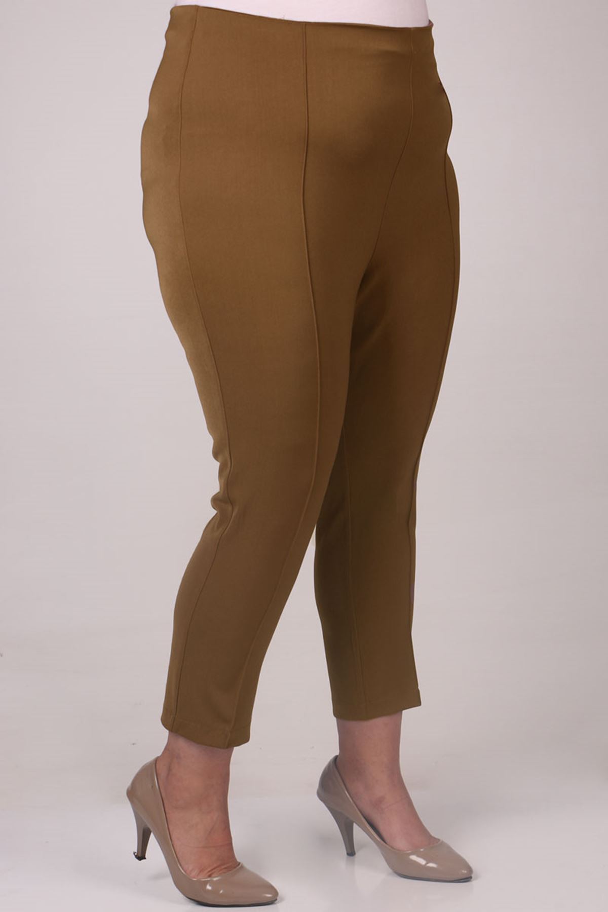F-29029 Büyük Beden Yandan Fermuarlı Dar Paça Pantolon-Kahve
