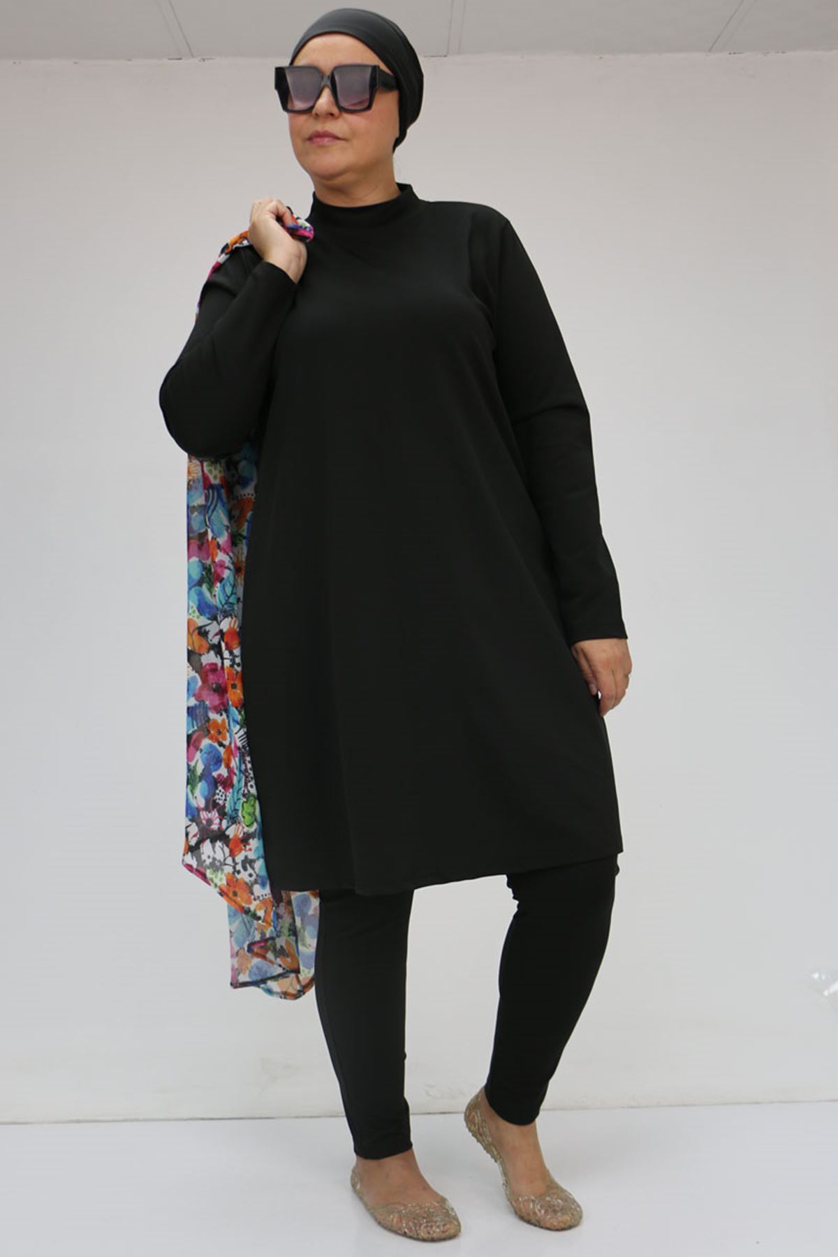 1723 Büyük Beden Uzun Kol Şifon Pareolu Tesettür Mayo Takım - Karışık Desen Mavi