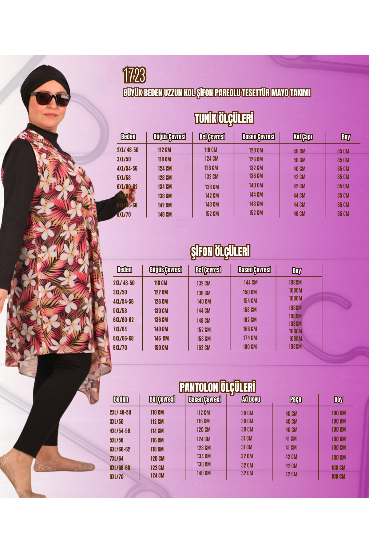 1723 Büyük Beden Uzun Kol Şifon Pareolu Tesettür Mayo Takım - Damla Desen Saks