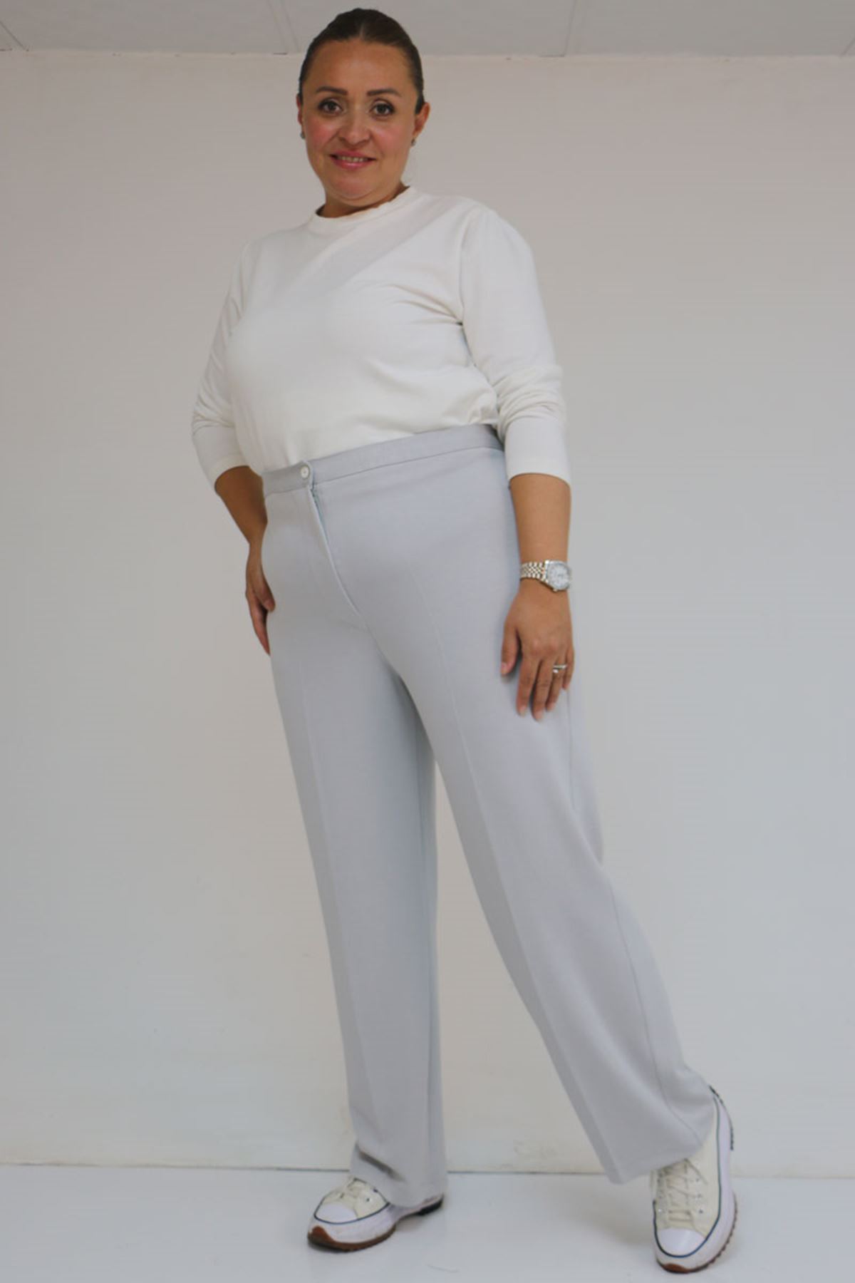 59030 Büyük Beden Düğmeli Fermuarlı Modal Pantolon - Gri