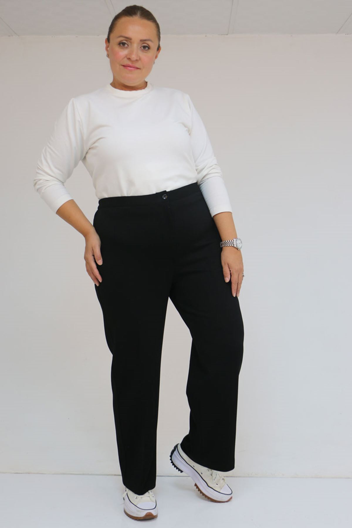 59030 Büyük Beden Düğmeli Fermuarlı Modal Pantolon - Siyah