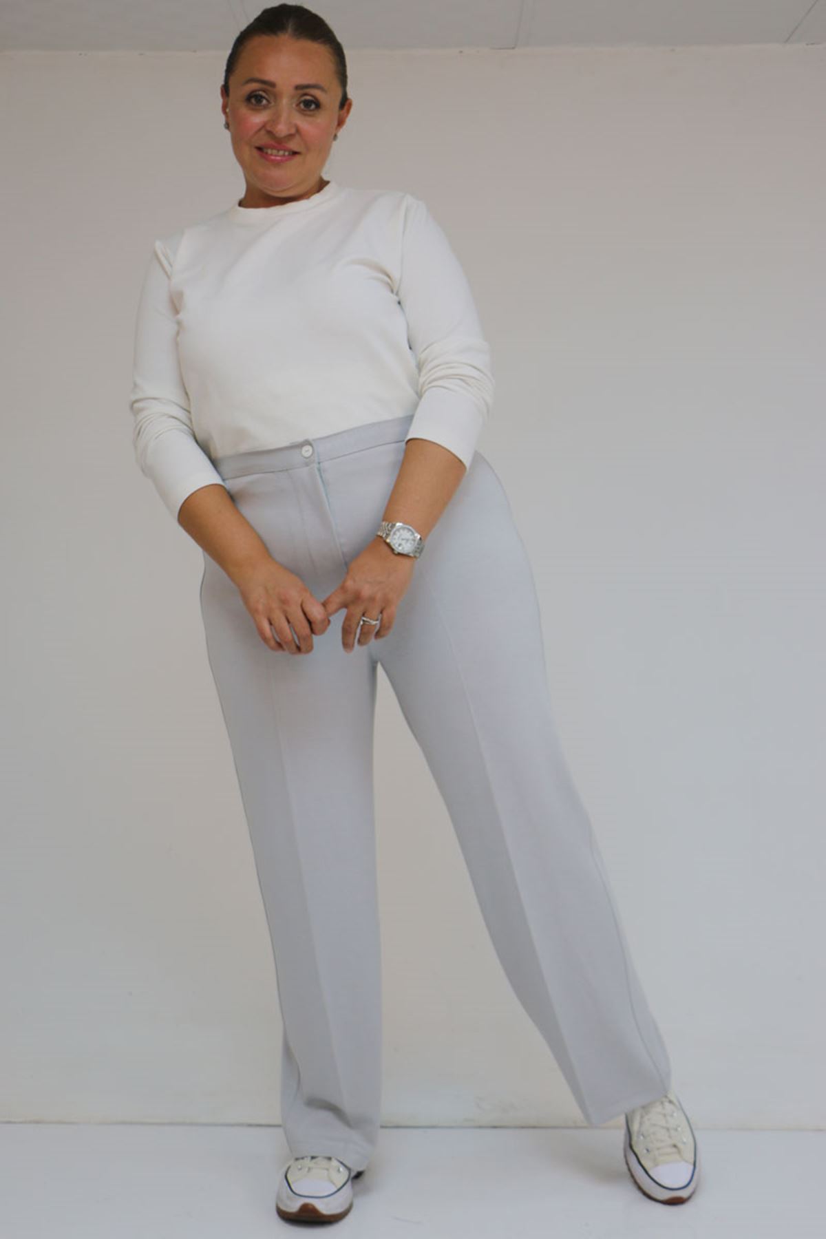 59030 Büyük Beden Düğmeli Fermuarlı Modal Pantolon - Gri