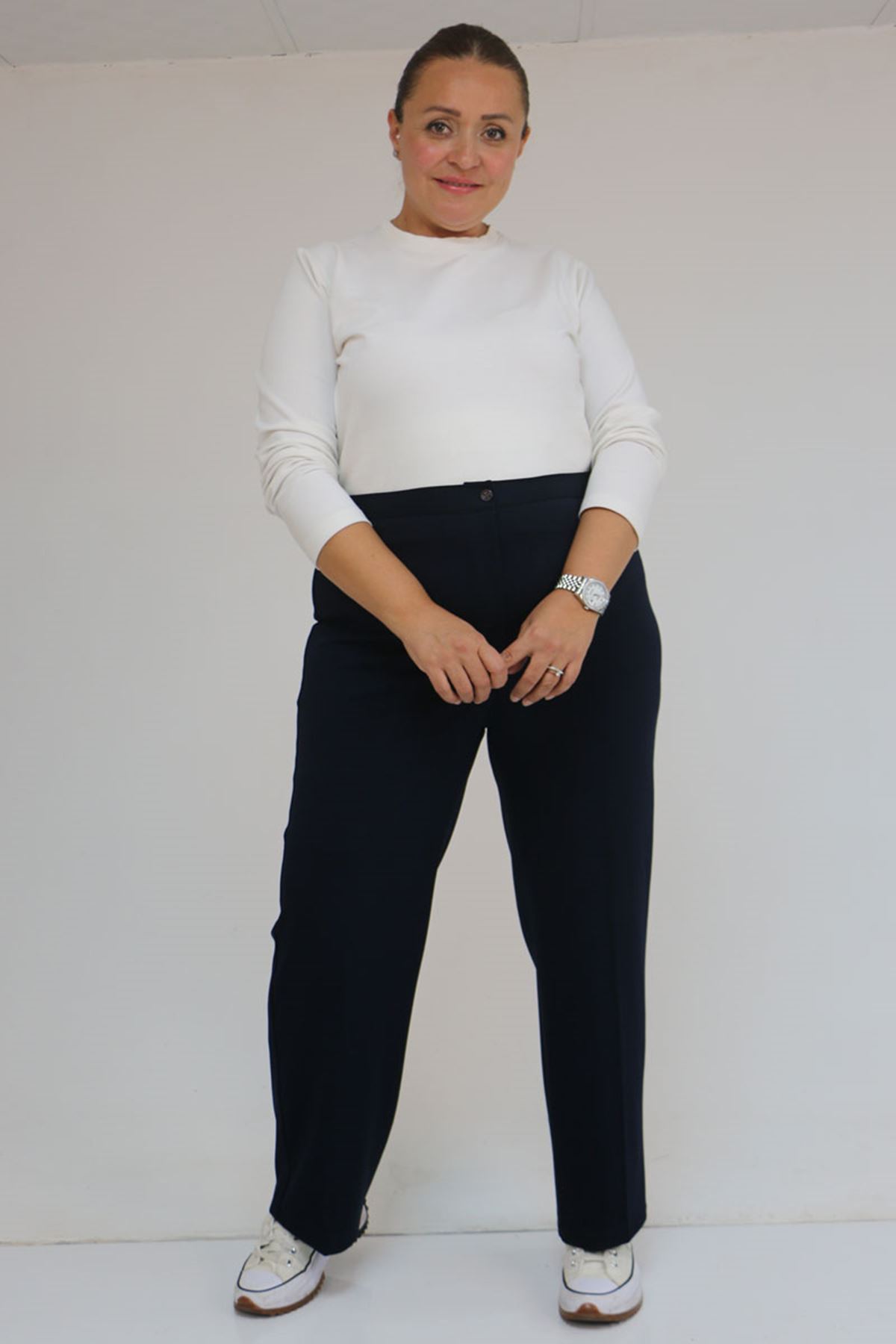 59030 Büyük Beden Düğmeli Fermuarlı Modal Pantolon - Lacivert