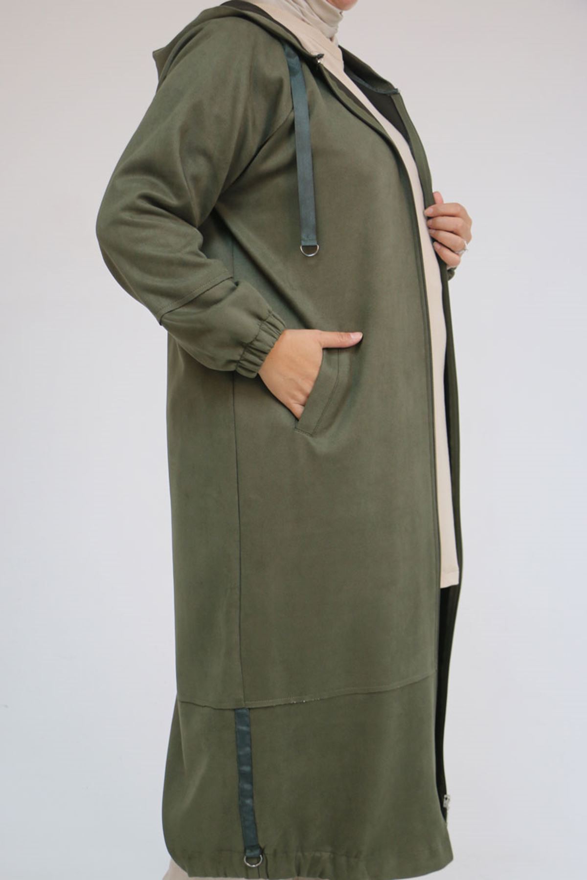 43078-E Büyük Beden Kolları Lastikli Pat Detaylı Nubuk Kap - Haki