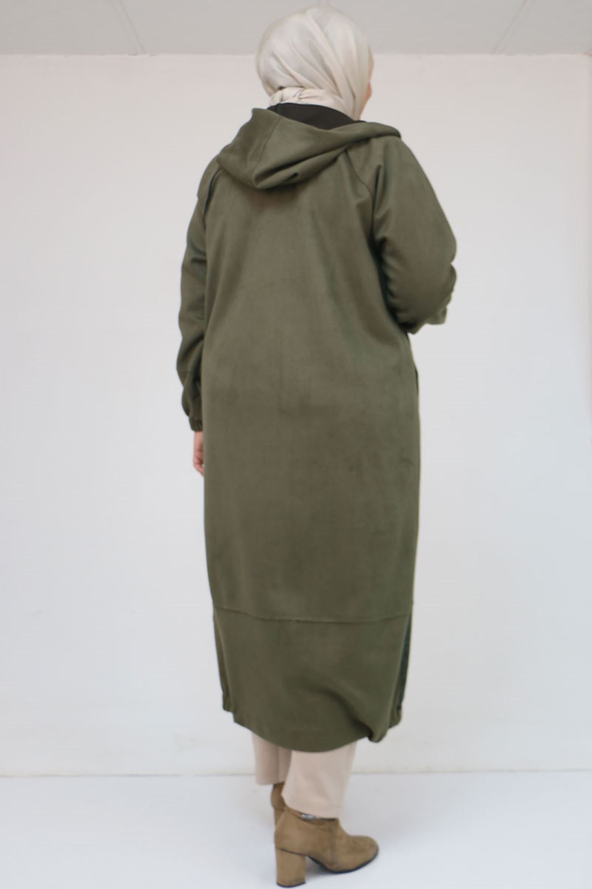 43078-E Büyük Beden Kolları Lastikli Pat Detaylı Nubuk Kap - Haki