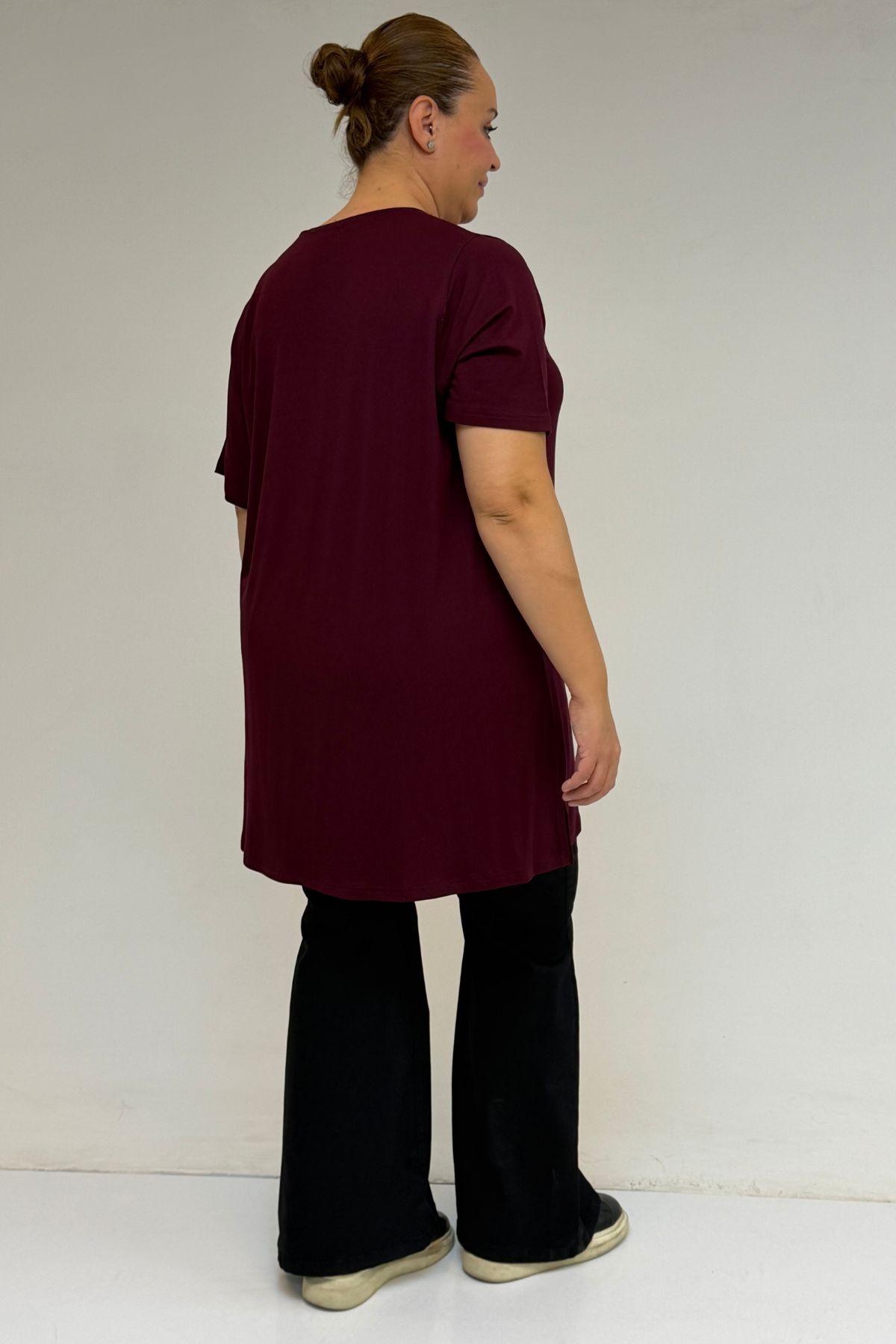 58507 Büyük Beden Yakası Biyeli Penye Tişört - Bordo