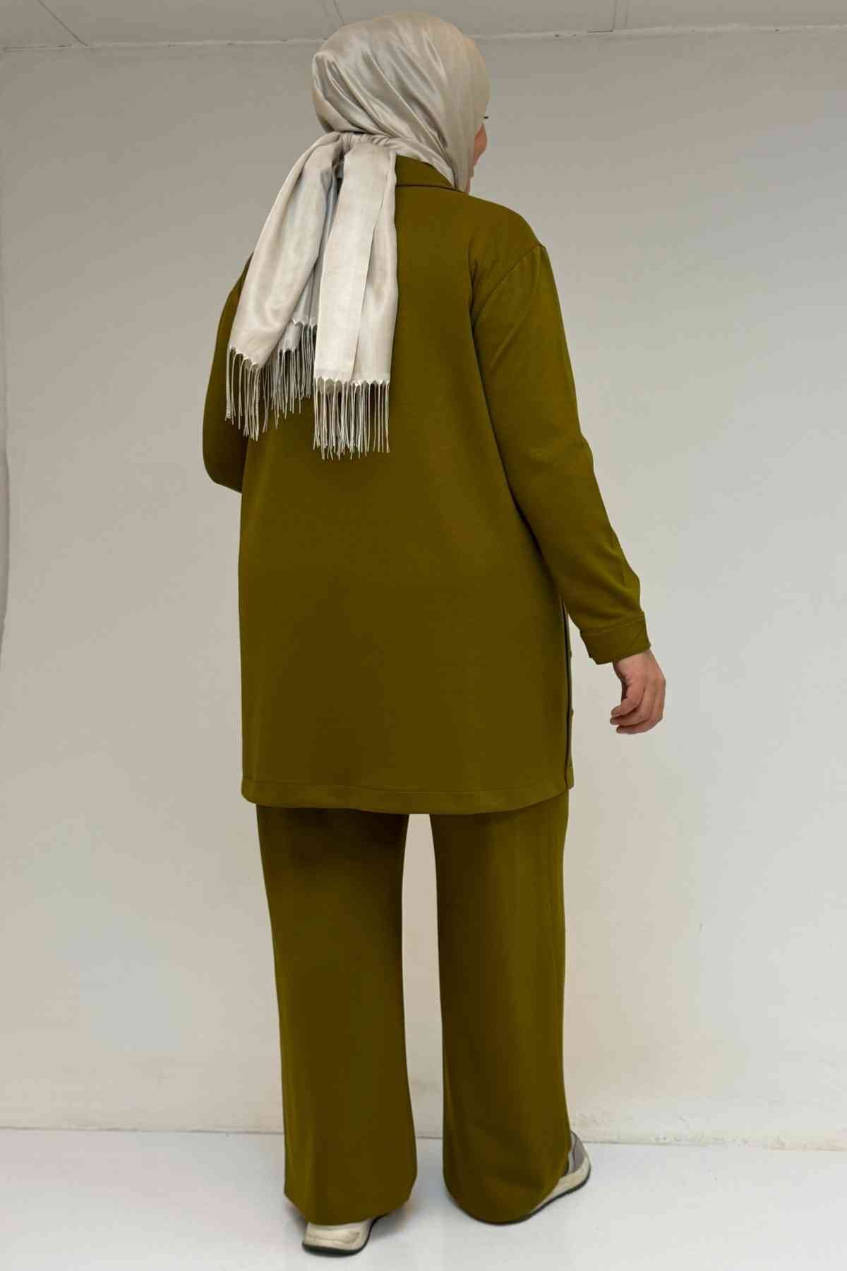 57038 Büyük Beden Erkek Yaka Düğme Detaylı Modal Pantolonlu  Takım - Yağ Yeşili