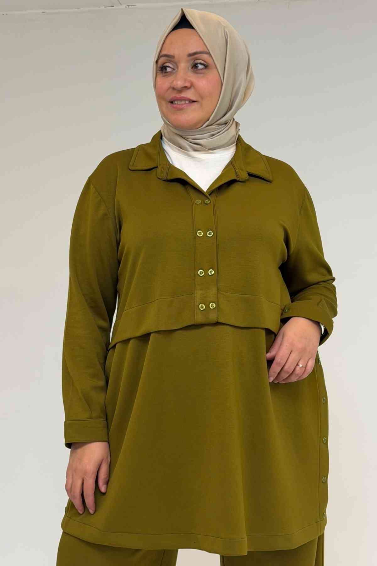 57038 Büyük Beden Erkek Yaka Düğme Detaylı Modal Pantolonlu  Takım - Yağ Yeşili