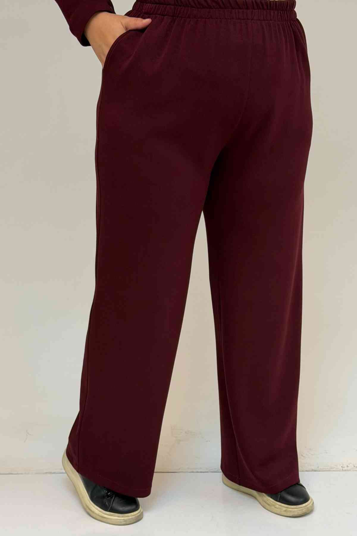 57038 Büyük Beden Erkek Yaka Düğme Detaylı Modal Pantolonlu  Takım - Bordo