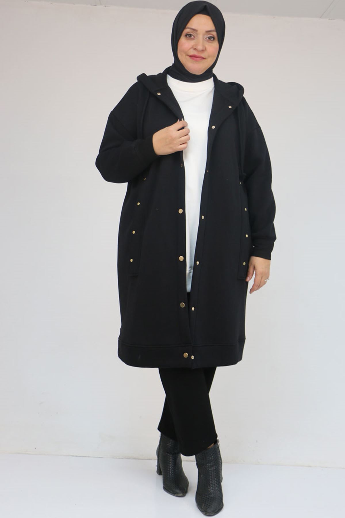 43077 Büyük Beden Kol Ve Etek Ucu Ribanalı Üç İplik Kap - Siyah